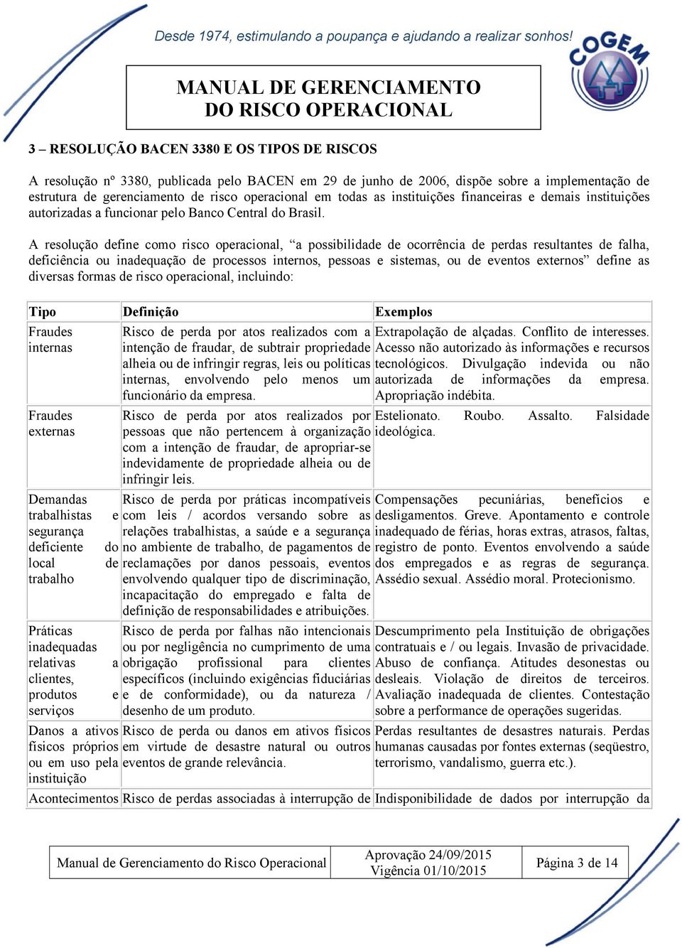 A resolução define como risco operacional, a possibilidade de ocorrência de perdas resultantes de falha, deficiência ou inadequação de processos internos, pessoas e sistemas, ou de eventos externos