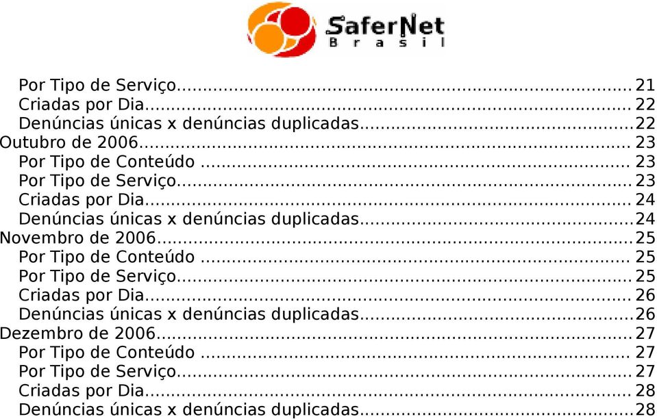 ..24 Novembro de 2006...25 Por Tipo de Conteúdo... 25 Por Tipo de Serviço... 25 Criadas por Dia.