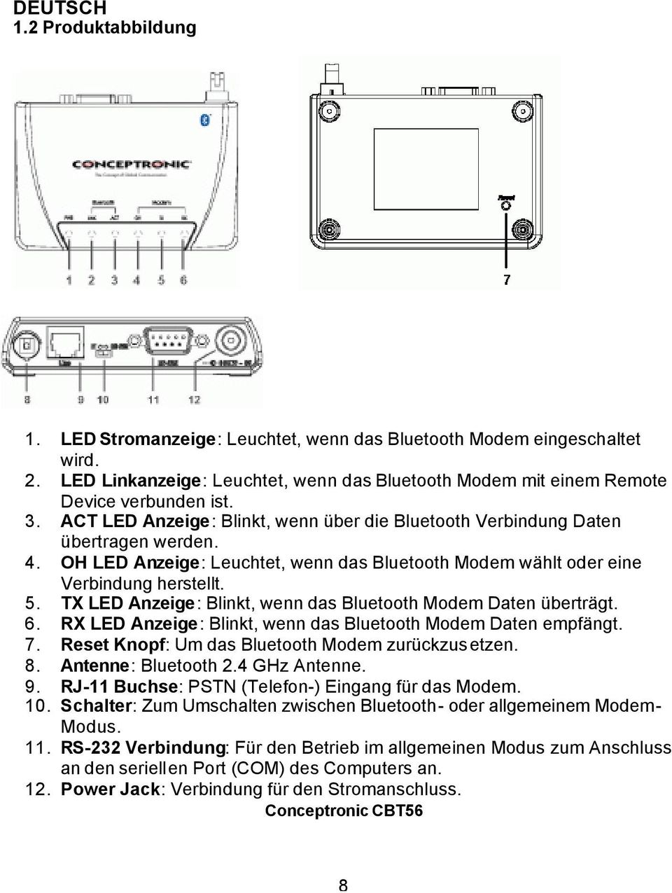 TX LED Anzeige: Blinkt, wenn das Bluetooth Modem Daten überträgt. 6. RX LED Anzeige: Blinkt, wenn das Bluetooth Modem Daten empfängt. 7. Reset Knopf: Um das Bluetooth Modem zurückzusetzen. 8.