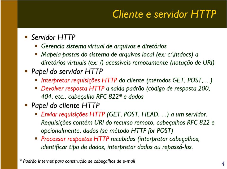 , cabeçalho RFC 822* e dados Papel do cliente HTTP Enviar requisições HTTP (GET, POST, HEAD,...) a um servidor.