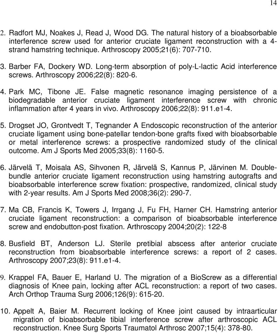 False magnetic resonance imaging persistence of a biodegradable anterior cruciate ligament interference screw with chronic inflammation after 4 years in vivo. Arthroscopy 2006;22(8): 911.e1-4. 5.