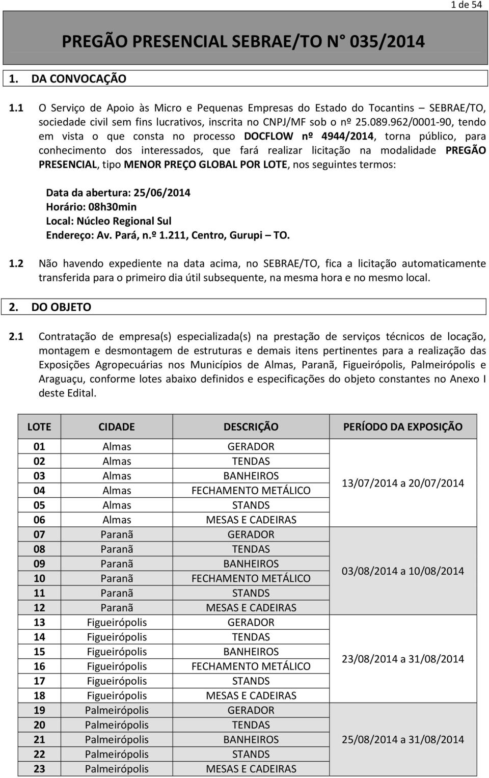 PREÇO GLOBAL POR LOTE, nos seguintes termos: Data da abertura: 25/06/2014 Horário: 08h30min Local: Núcleo Regional Sul Endereço: Av. Pará, n.º 1.