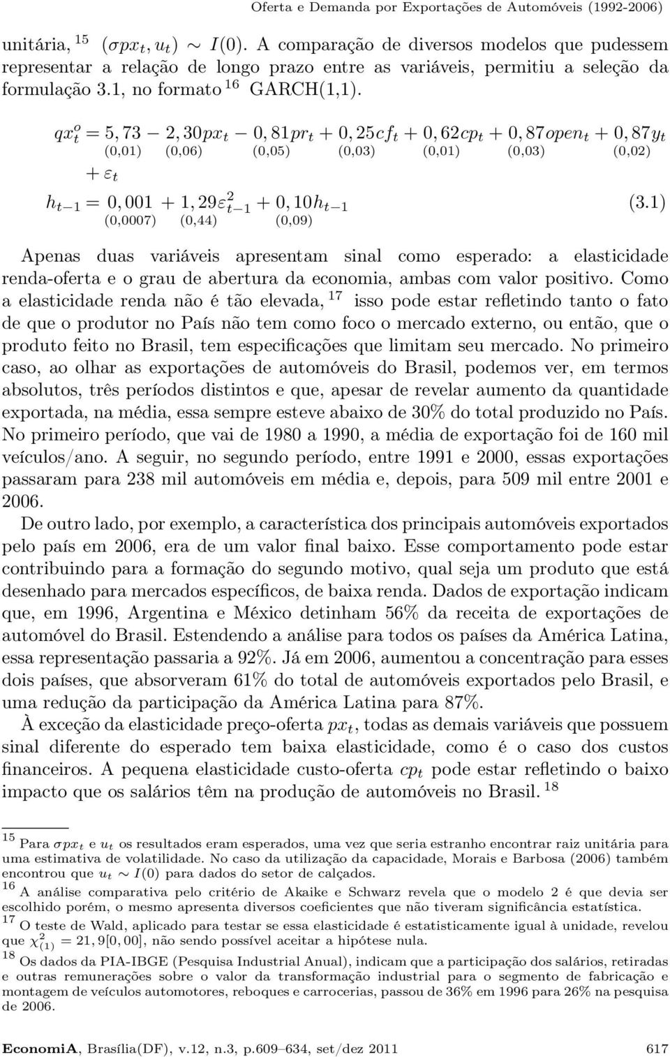 qx o t = 5,73 2,30px t 0,81pr t + 0,25cf t + 0,62cp t + 0,87open t + 0,87 (0,01) (0,06) (0,05) (0,03) (0,01) (0,03) (0,02) +ε t h t 1 = 0,001 (0,0007) + 1,29 (0,44) ε 2 t 1 + 0,10h t 1 (3.