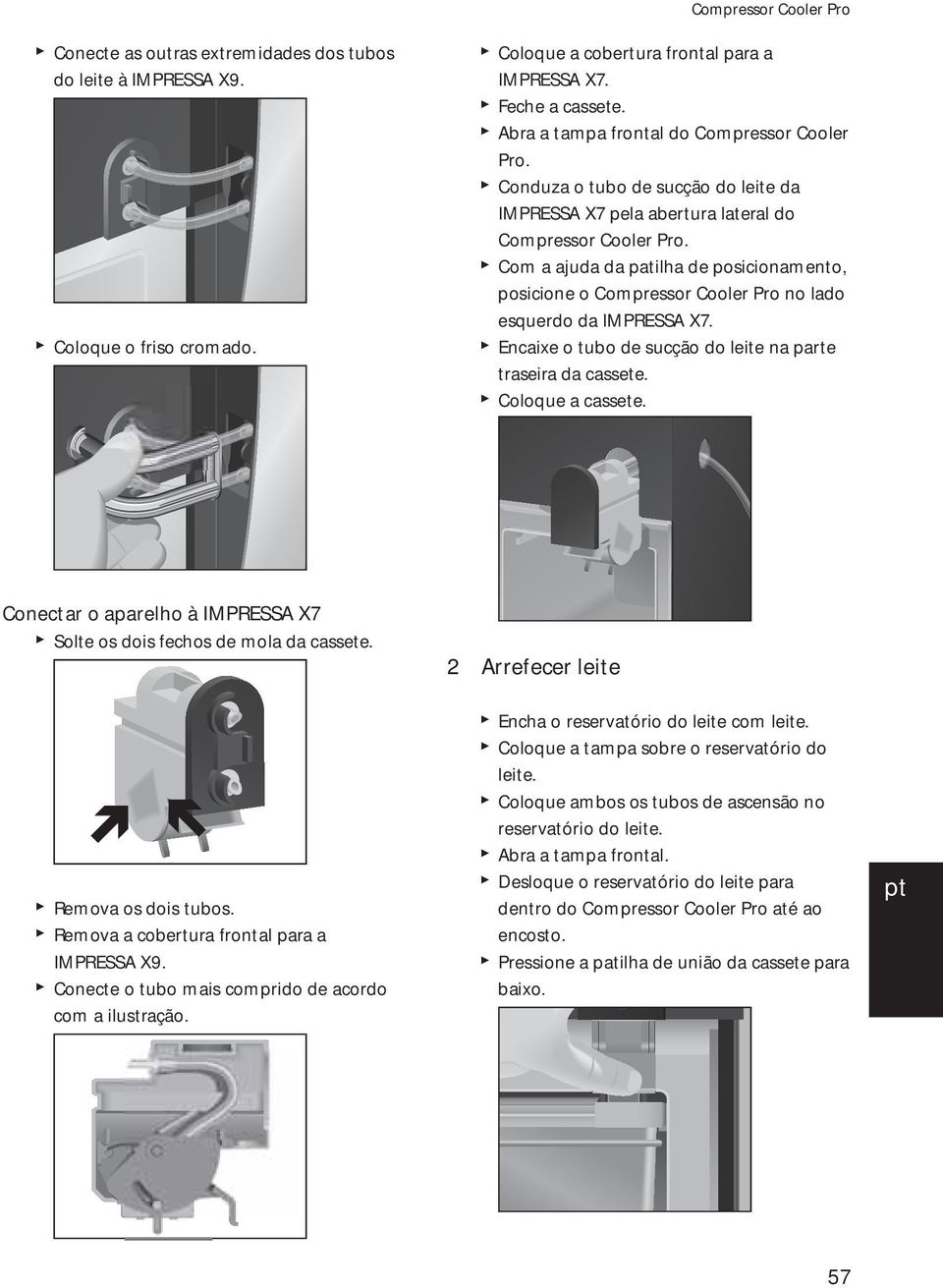 Com a ajuda da patilha de posicionamento, posicione o Compressor Cooler Pro no lado esquerdo da IMPRSSA X7. ncaixe o tubo de sucção do leite na parte traseira da cassete. Coloque a cassete.