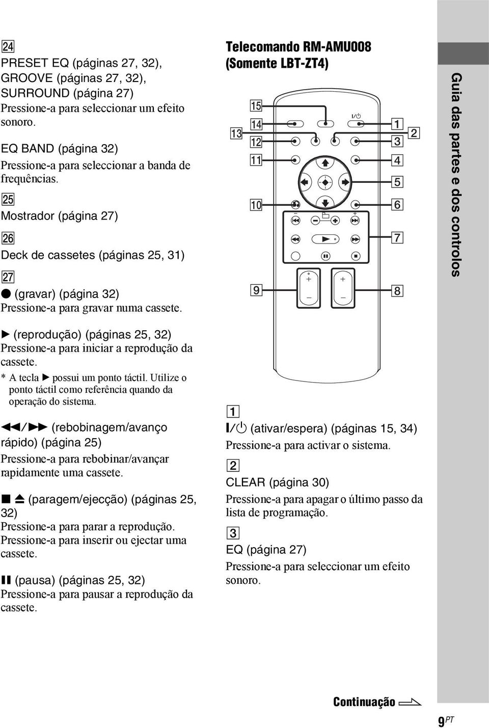 Telecomando RM-AMU008 (Somente LBT-ZT4) qg qf qd qs qa q; 1 2 3 4 5 6 7 9 8 Guia das partes e dos controlos B (reprodução) (páginas 25, 32) Pressione-a para iniciar a reprodução da cassete.