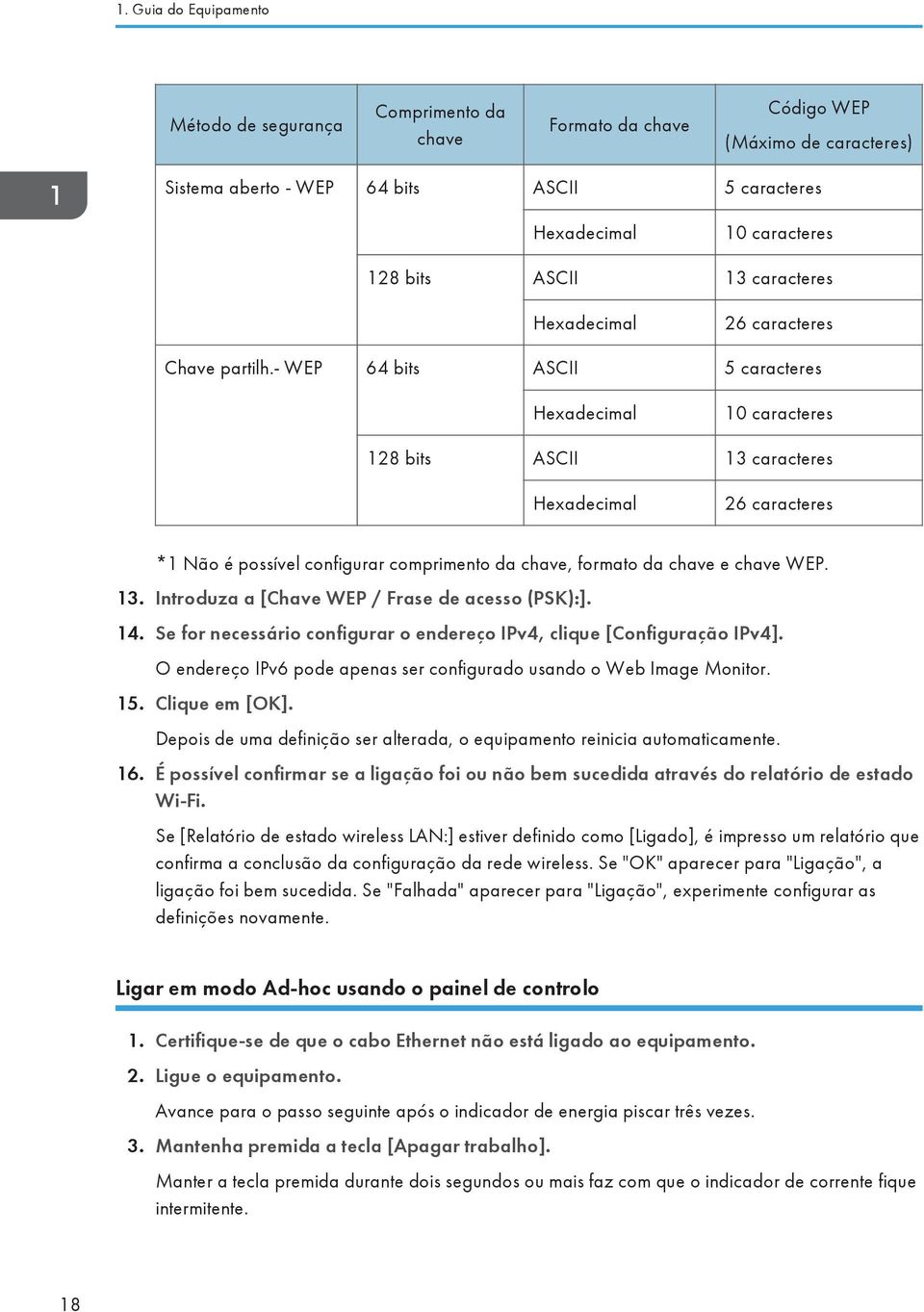 - WEP 64 bits ASCII 5 caracteres Hexadecimal 10 caracteres 128 bits ASCII 13 caracteres Hexadecimal 26 caracteres *1 Não é possível configurar comprimento da chave, formato da chave e chave WEP. 13. Introduza a [Chave WEP / Frase de acesso (PSK):].