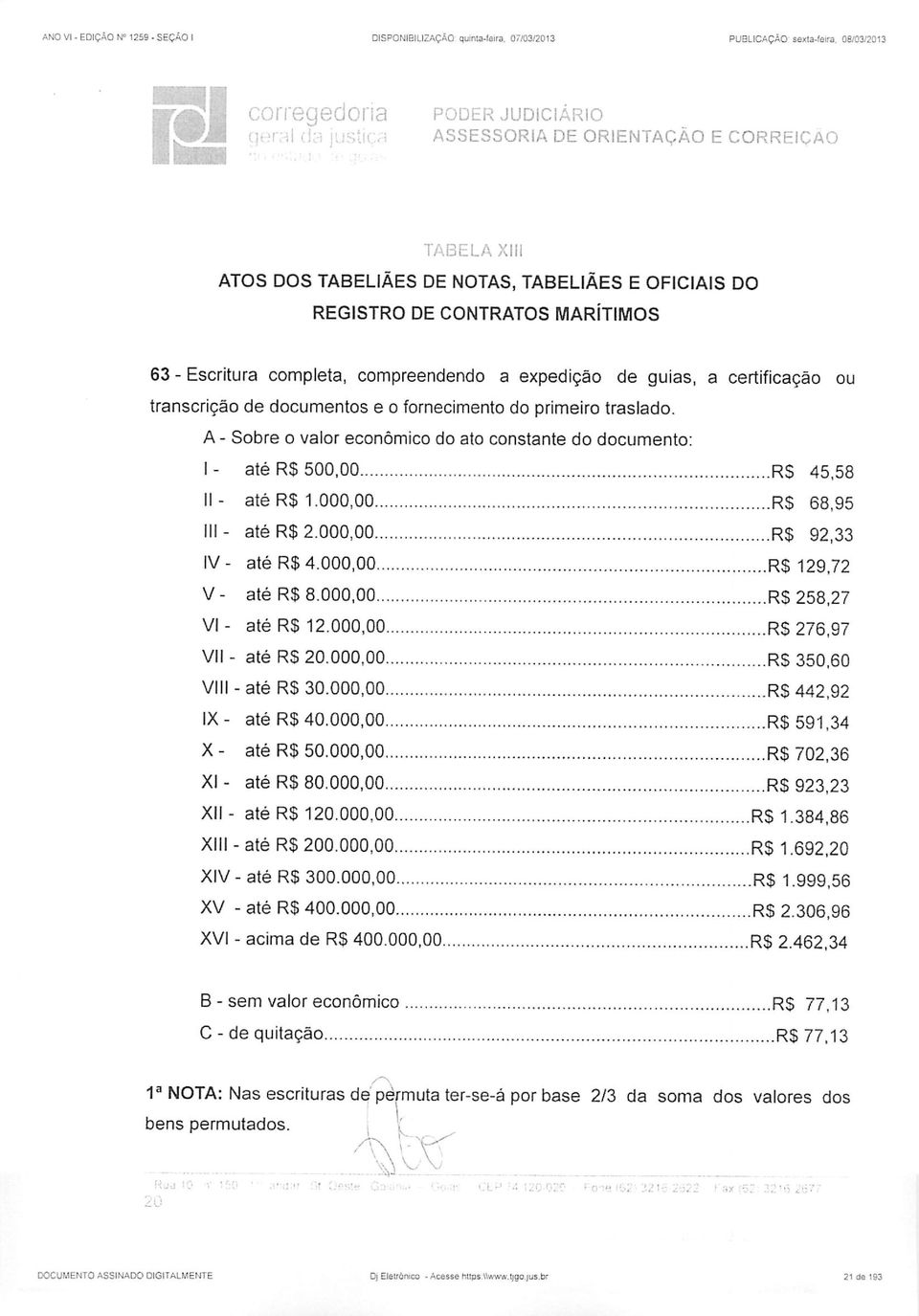 certificação ou transcrição de documentos e o fornecimento do primeiro traslado. A - Sobre o valor econômico do ato constante do documento: I - até R$ 500,00 RS 45,58 II - até R$ 1.