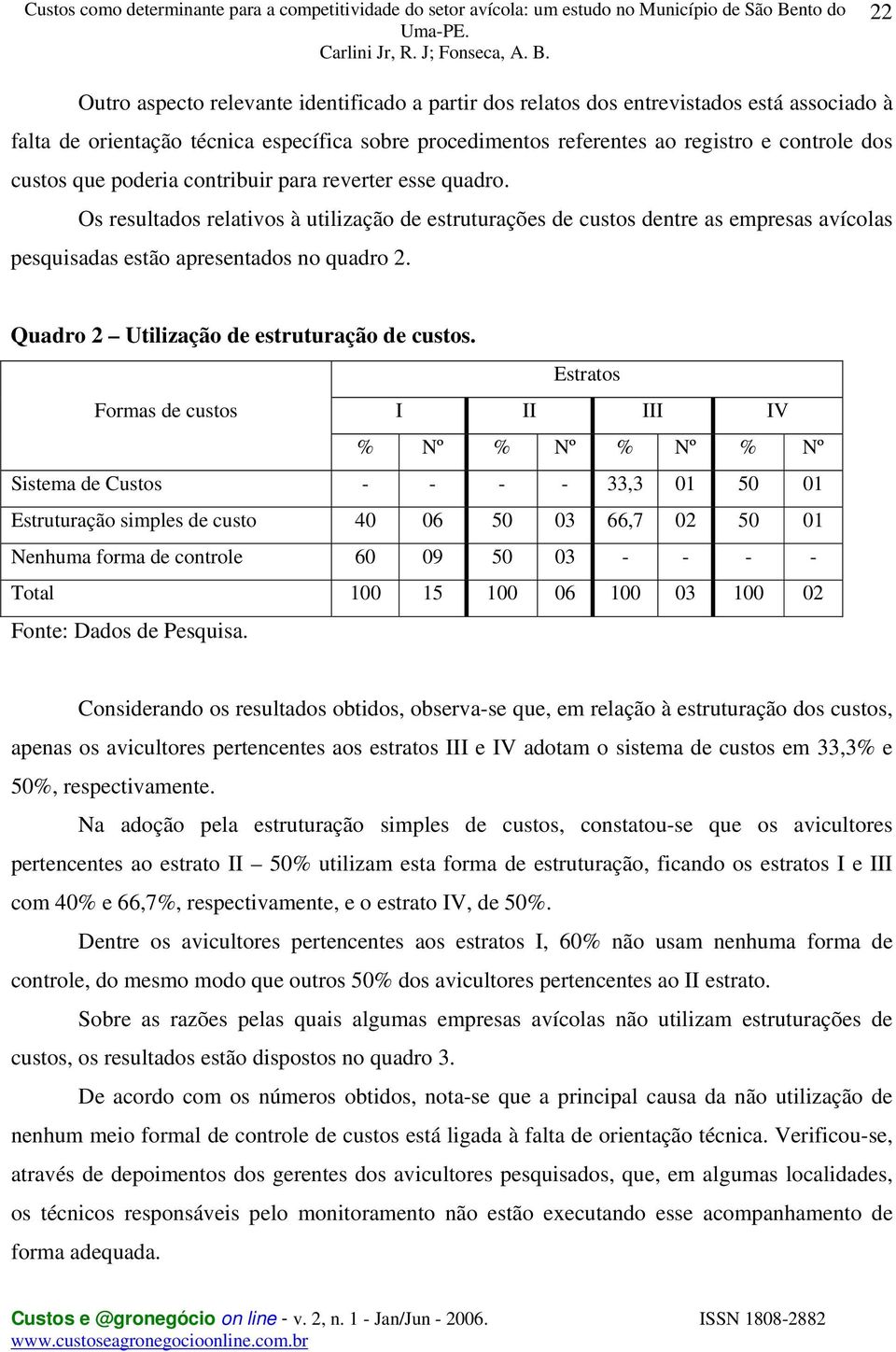 Quadro 2 Utilização de estruturação de custos.