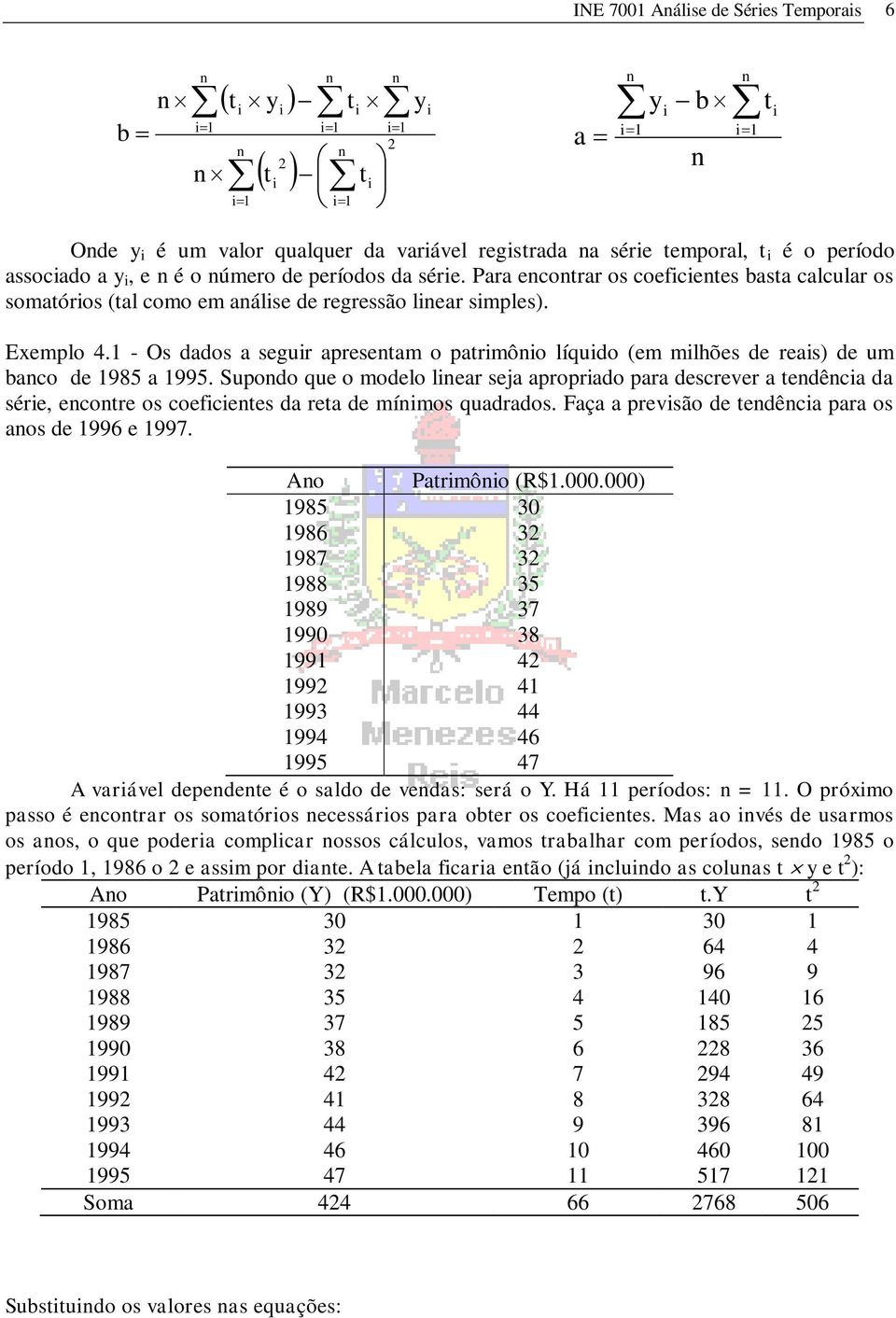 Supodo que o modelo lear seja aproprado para descrever a edêca da sére, ecore os coefcees da rea de mímos quadrados. Faça a prevsão de edêca para os aos de 996 e 997. Ao Parmôo (R$.000.