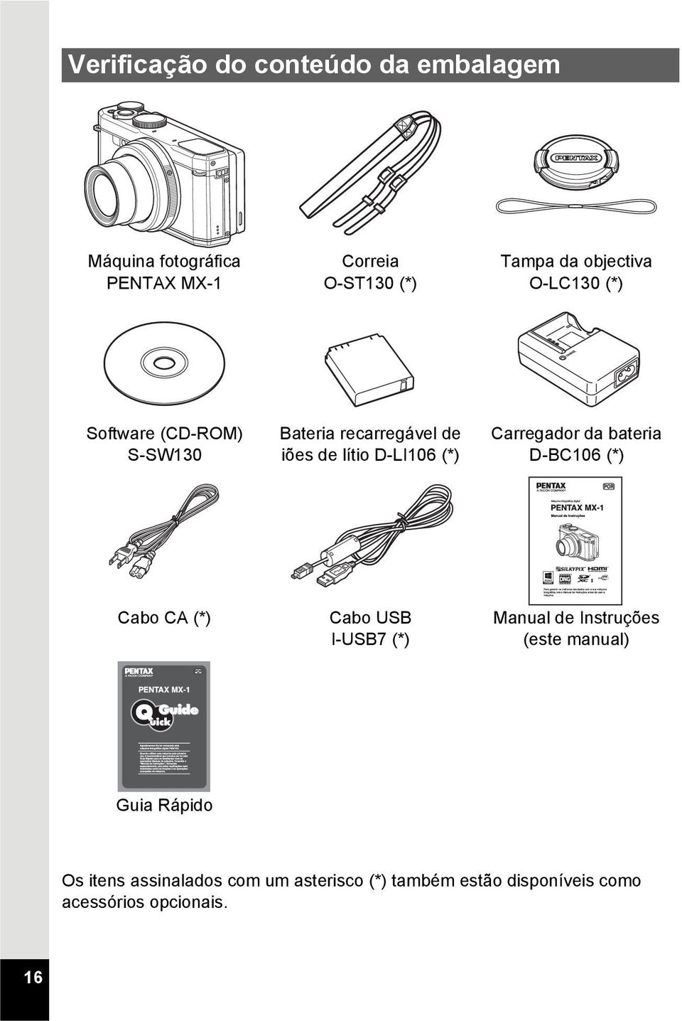 Carregador da bateria D-BC106 (*) Cabo CA (*) Cabo USB I-USB7 (*) Manual de Instruções (este manual)