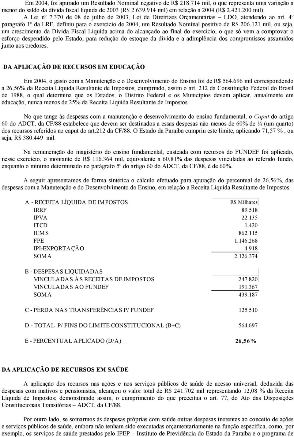 4º parágrafo 1º da LRF, definiu para o exercício de 2004, um Resultado Nominal positivo de R$ 206.