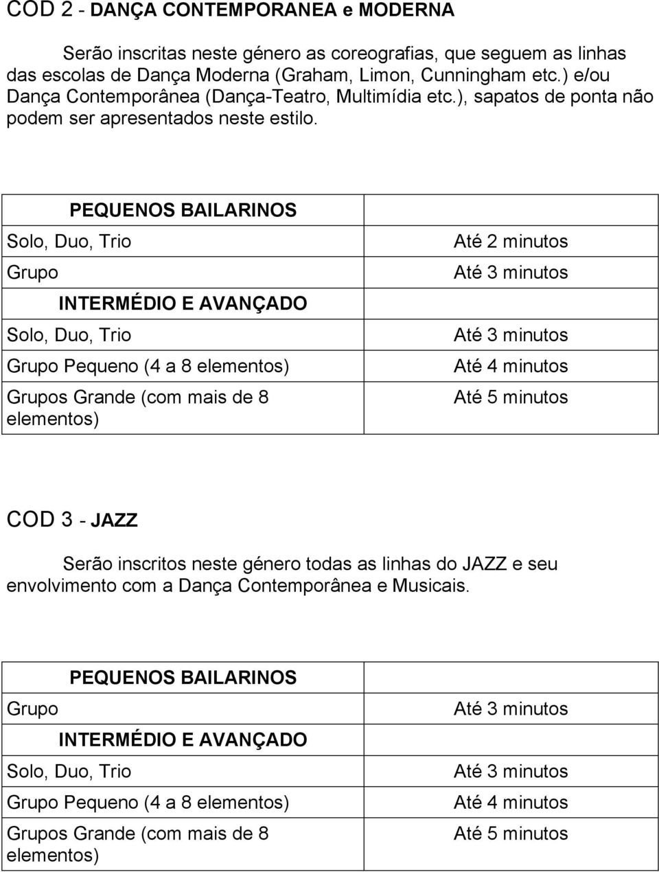 Grupo PEQUENOS BAILARINOS INTERMÉDIO E AVANÇADO Grupos Grande (com mais de 8 elementos) Até 2 minutos COD 3 - JAZZ Serão inscritos neste género