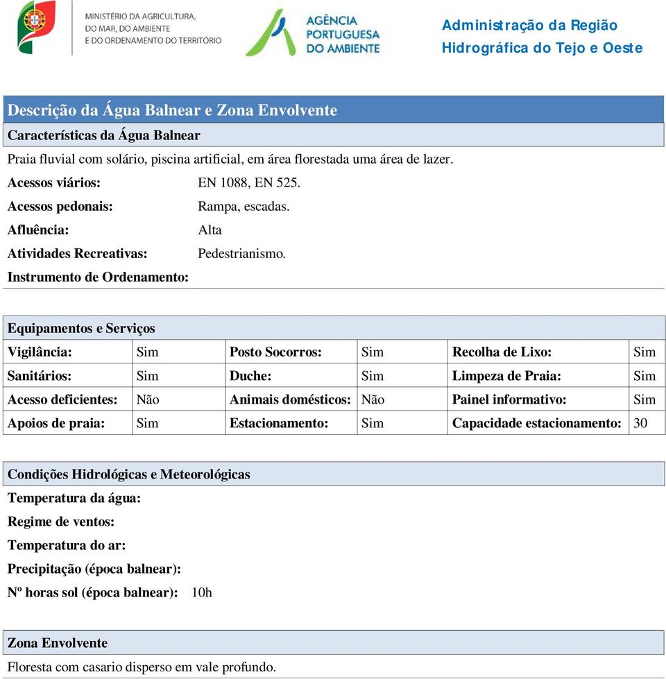 Instrumento de Ordenamento: Equipamentos e Serviços Vigilância: Sim Posto Socorros: Sim Recolha de Lixo: Sim Sanitários: Sim Duche: Sim Limpeza de Praia: Sim Acesso deficientes: Não Animais