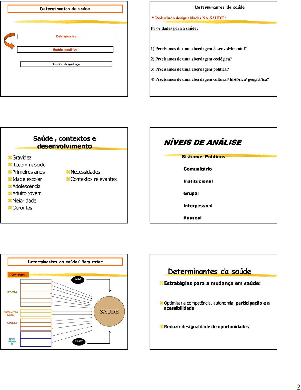 Saúde, contextos e desenvolvimento NÍVEIS DE ANÁLISE Gravidez Recem-nascido Primeiros anos Idade escolar Adolescência Adulto jovem Meia-idade Gerontes Necessidades Contextos relevantes