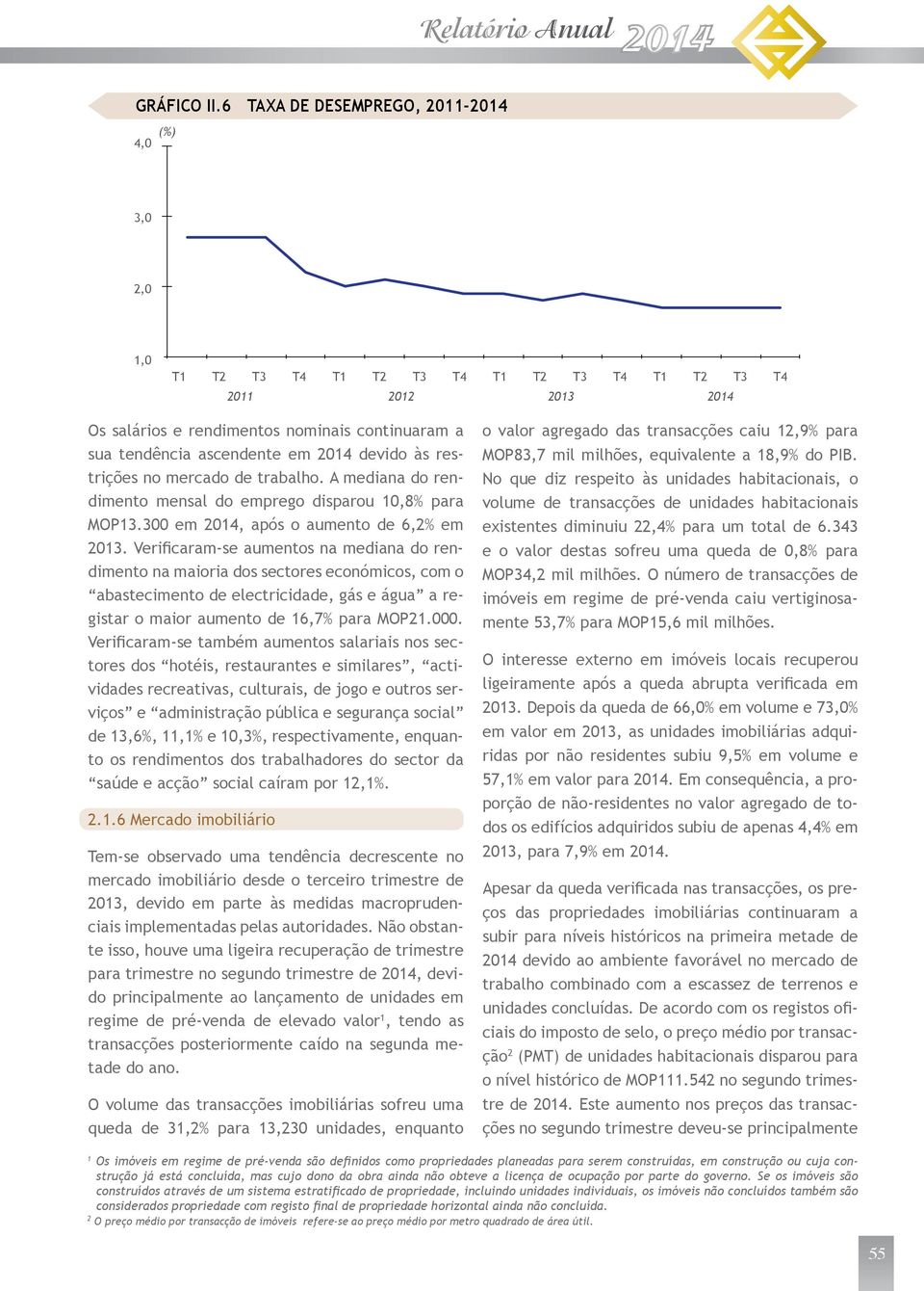 restrições no mercado de trabalho. A mediana do rendimento mensal do emprego disparou 1,8% para MOP13.3 em 214, após o aumento de 6,2% em 213.