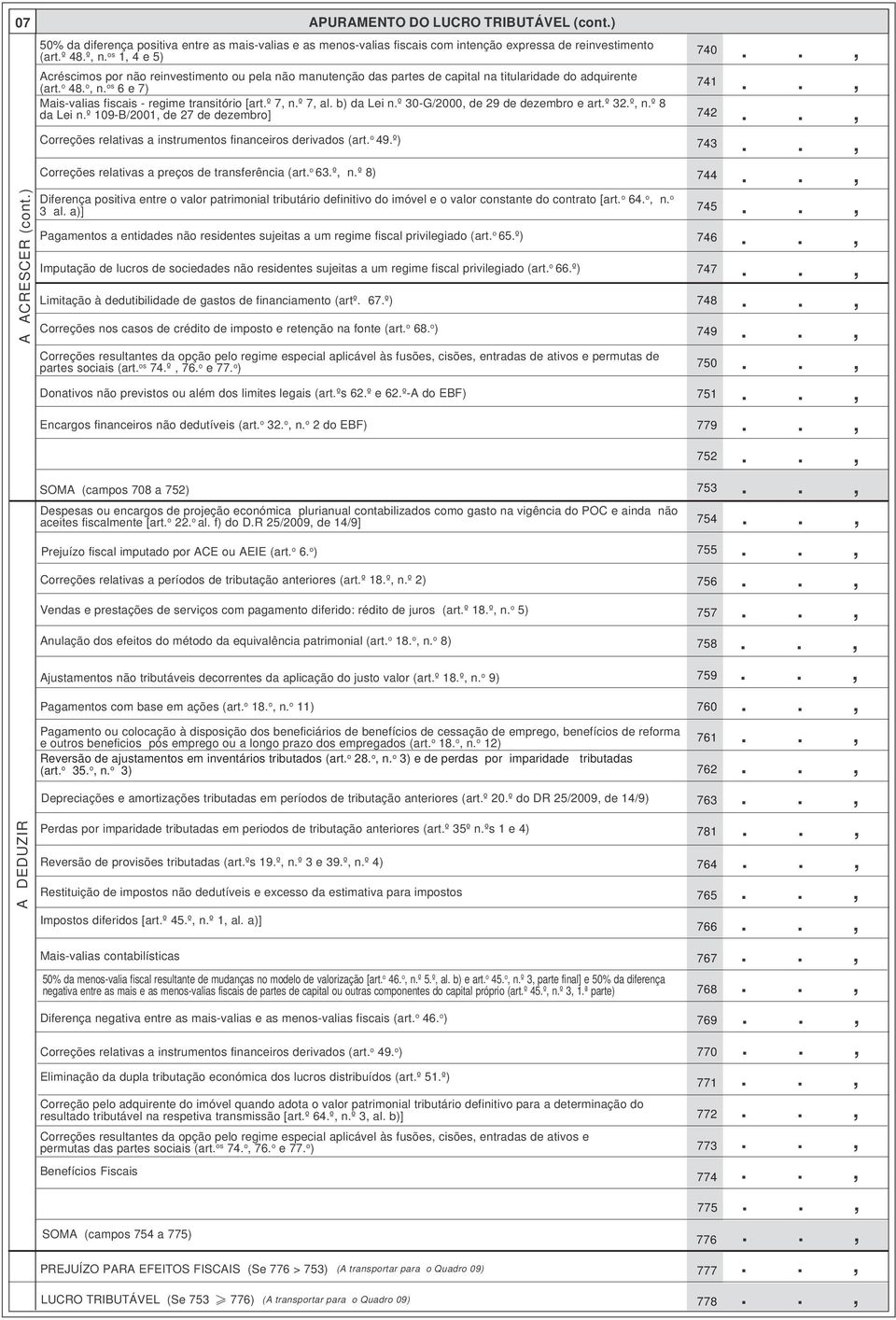 º 7, n.º 7, al. b) da Lei n.º 30-G/2000, de 29 de dezembro e art.º 32.º, n.º 8 da Lei n.º 109-B/2001, de 27 de dezembro] Correções relativas a instrumentos financeiros derivados (art. o 49.