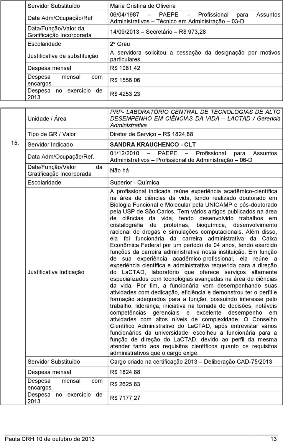 PRP- LABORATÓRIO CENTRAL DE TECNOLOGIAS DE ALTO DESEMPENHO EM CIÊNCIAS DA VIDA LACTAD / Gerencia Administrativa Tipo de GR / Valor Diretor de Serviço R$ 1824,88 Data Adm/Ocupação/Ref.