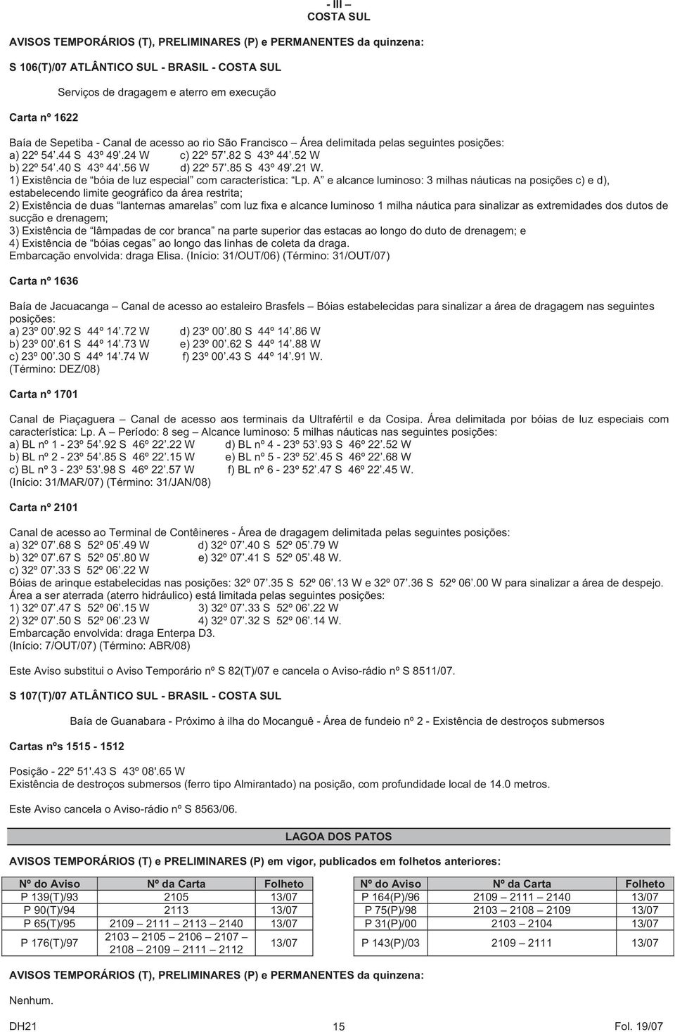 1) Existência de bóia de luz especial com característica: Lp.