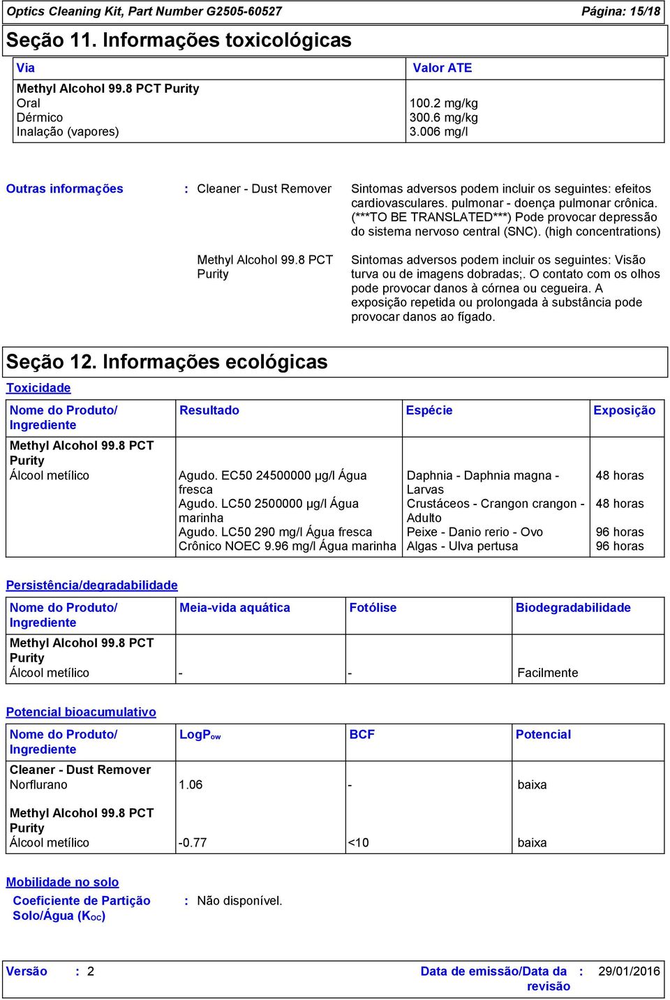 (***TO BE TRANSLATED***) Pode provocar depressão do sistema nervoso central (SNC). (high concentrations) Sintomas adversos podem incluir os seguintes Visão turva ou de imagens dobradas;.