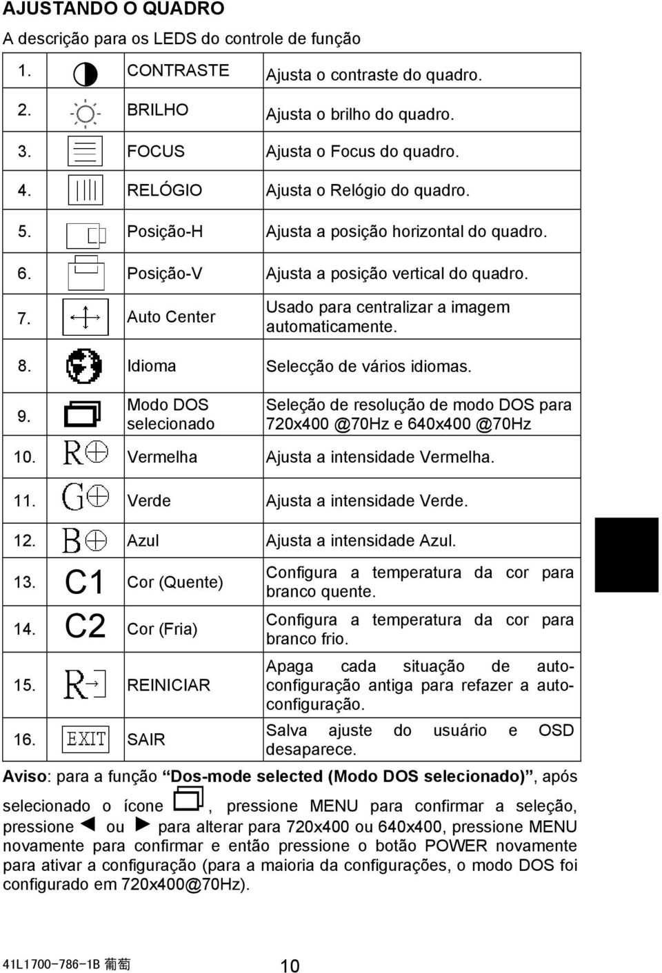 Auto Center Usado para centralizar a imagem automaticamente. 8. Idioma Selecção de vários idiomas. 9. Modo DOS selecionado Seleção de resolução de modo DOS para 720x400 @70Hz e 640x400 @70Hz 10.