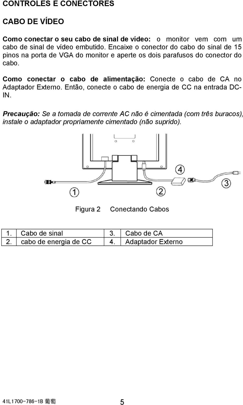 Como conectar o cabo de alimentação: Conecte o cabo de CA no Adaptador Externo. Então, conecte o cabo de energia de CC na entrada DC- IN.