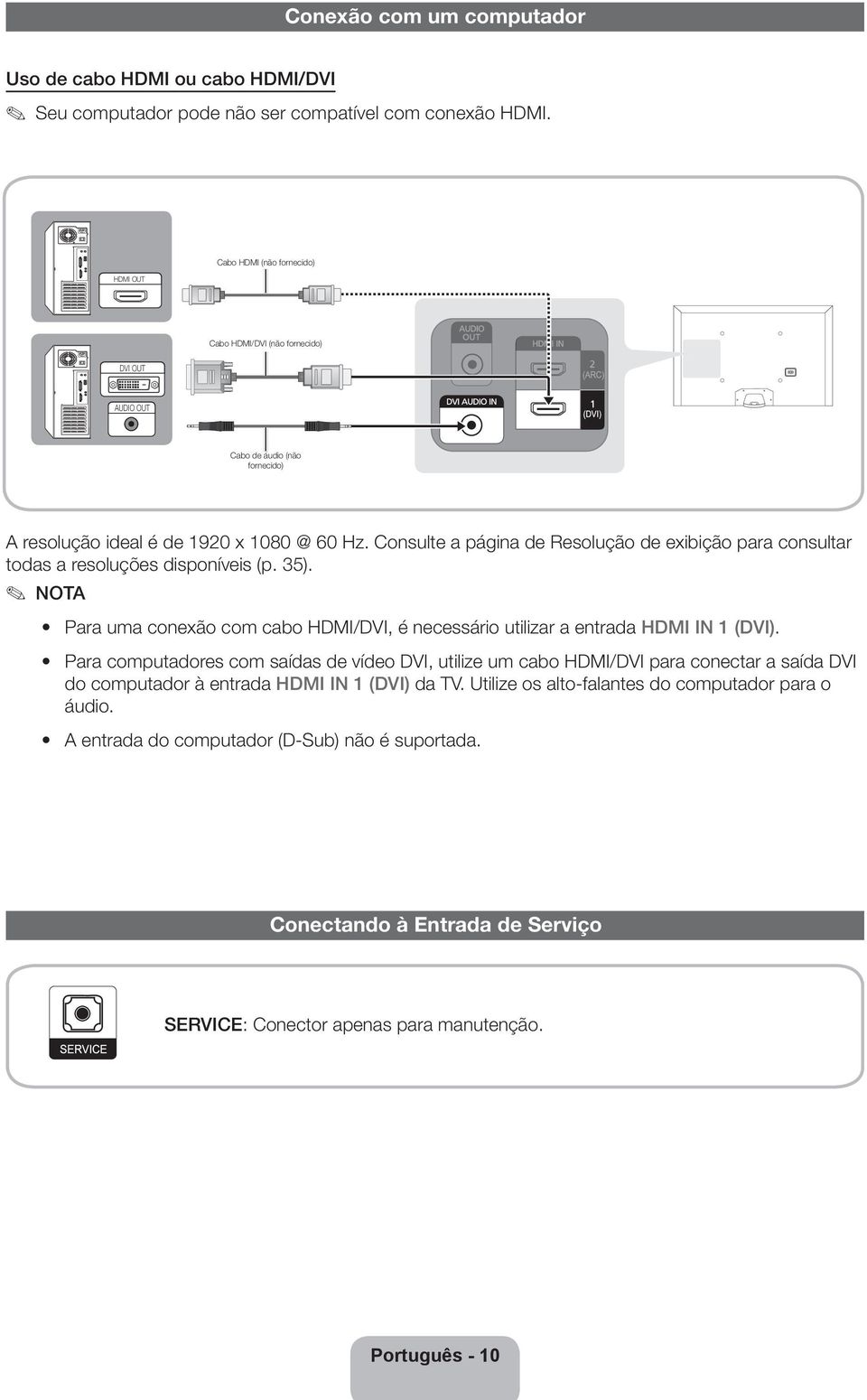 Consulte a página de Resolução de exibição para consultar todas a resoluções disponíveis (p. 35). NOTA Para uma conexão com cabo HDMI/DVI, é necessário utilizar a entrada HDMI IN 1 (DVI).