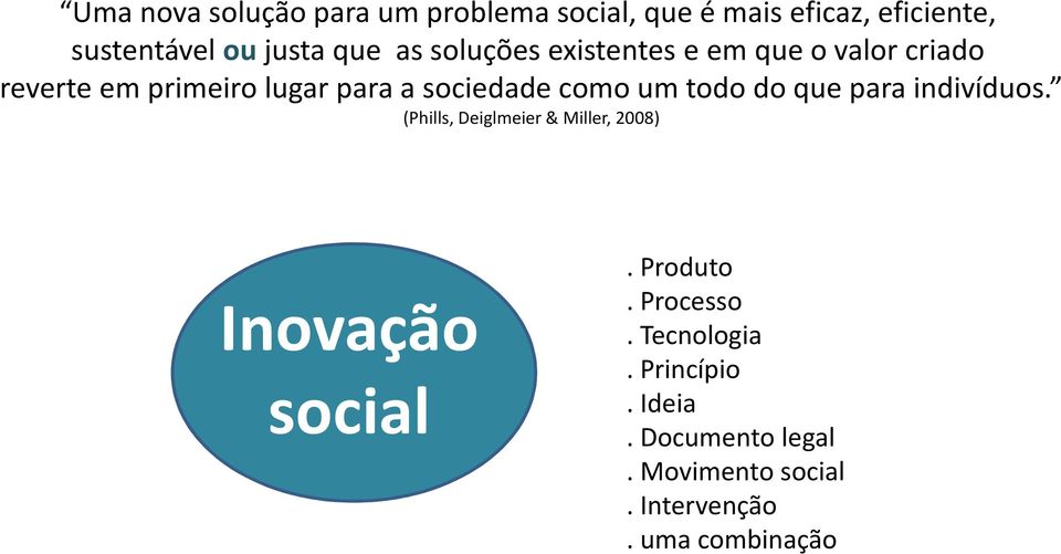 um todo do que para indivíduos. (Phills, Deiglmeier& Miller, 2008) Inovação social. Produto.