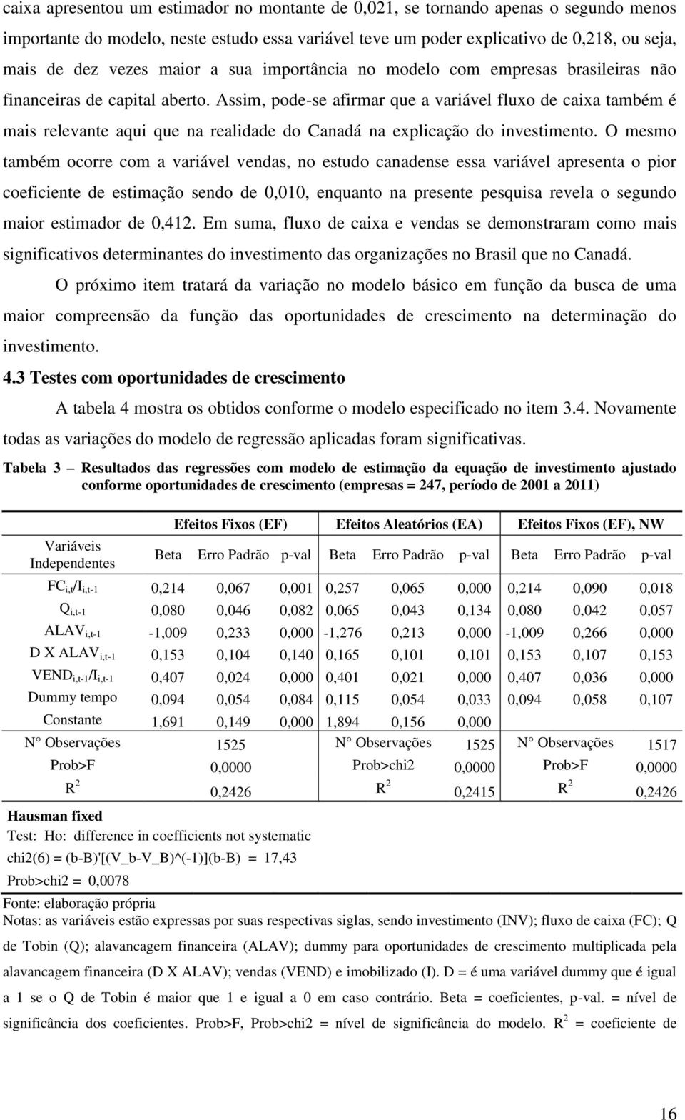 Assim, pode-se afirmar que a variável fluxo de caixa também é mais relevante aqui que na realidade do Canadá na explicação do investimento.