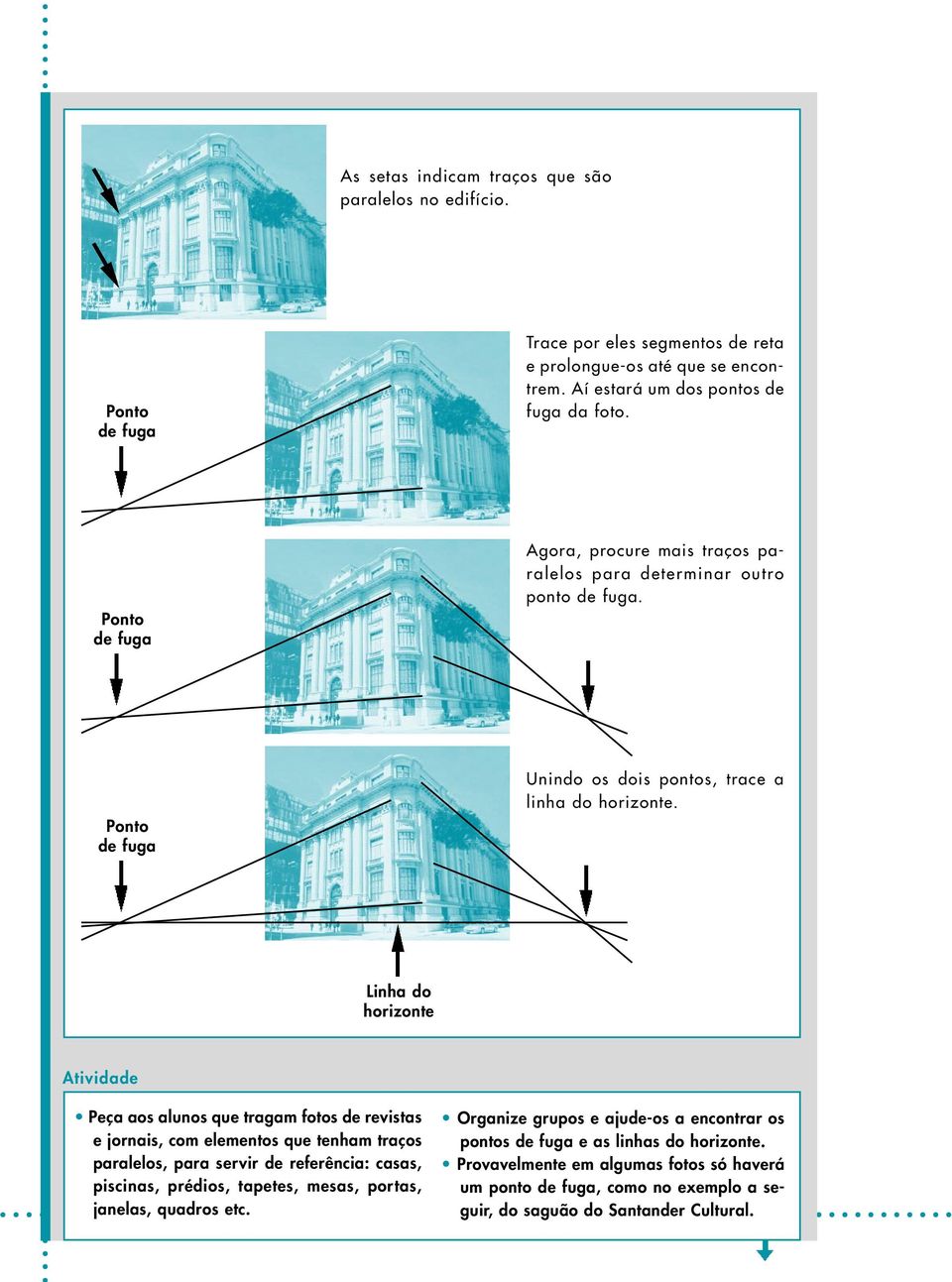 Linha do horizonte Atividade Peça aos alunos que tragam fotos de revistas e jornais, com elementos que tenham traços paralelos, para servir de referência: casas, piscinas,