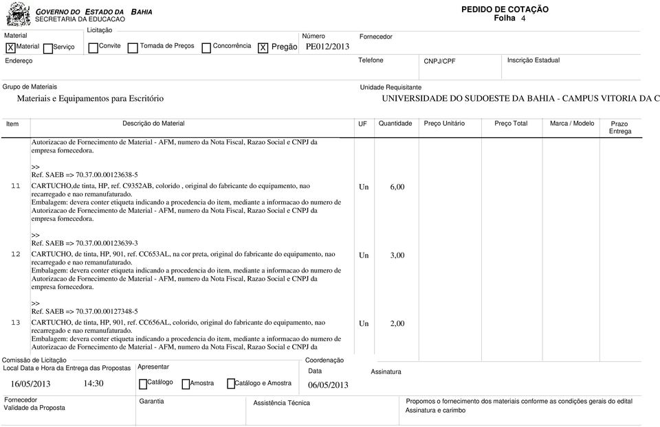 SAEB => 70.37.00.00123639-3 12 CARTUCHO, de tinta, HP, 901, ref.