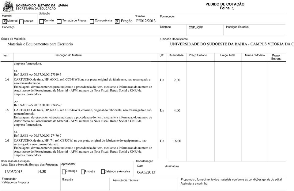 SAEB => 70.37.00.00127475-9 15 CARTUCHO, de tinta, HP, 60 L, ref.