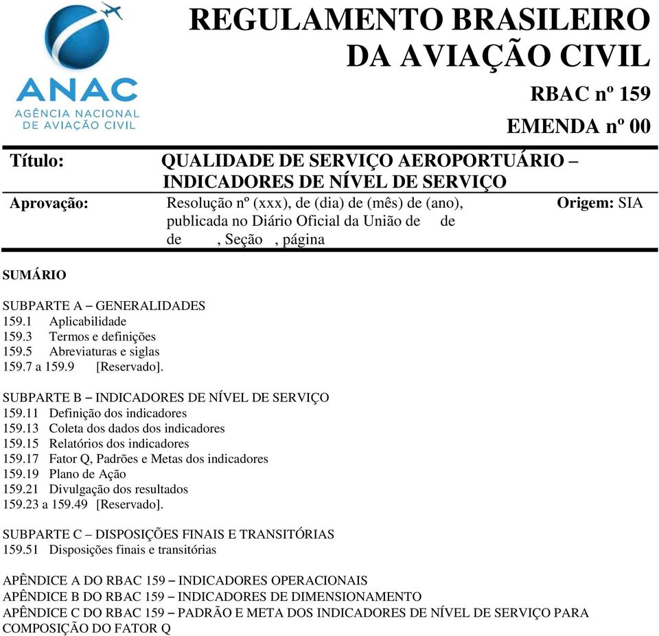 Resolução nº (xxx), de (dia) de (mês) de (ano), publicada no Diário Oficial da União de de de, Seção, página SUBPARTE B INDICADORES DE NÍVEL DE SERVIÇO 159.11 Definição dos indicadores 159.