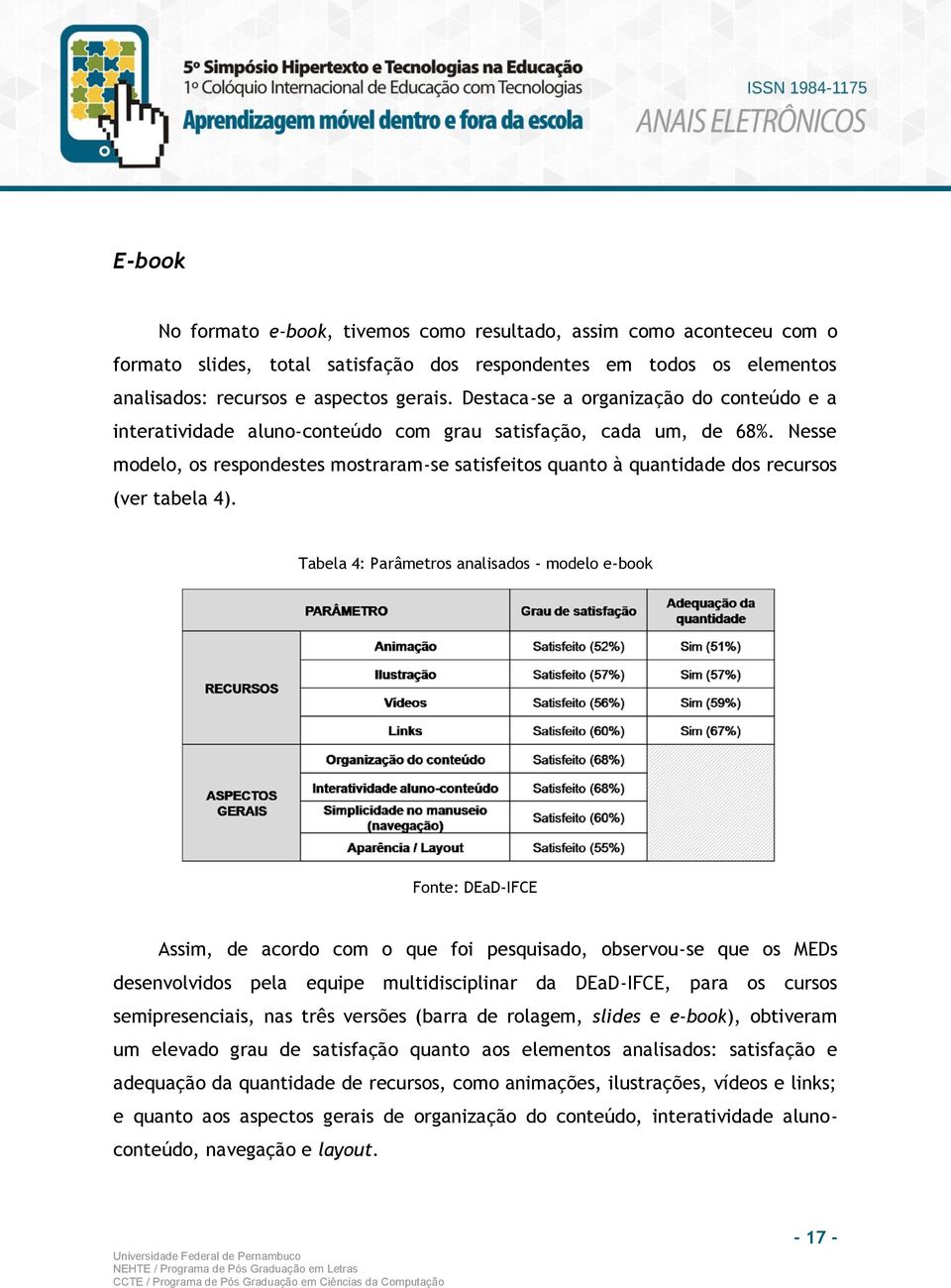 Nesse modelo, os respondestes mostraram-se satisfeitos quanto à quantidade dos recursos (ver tabela 4).