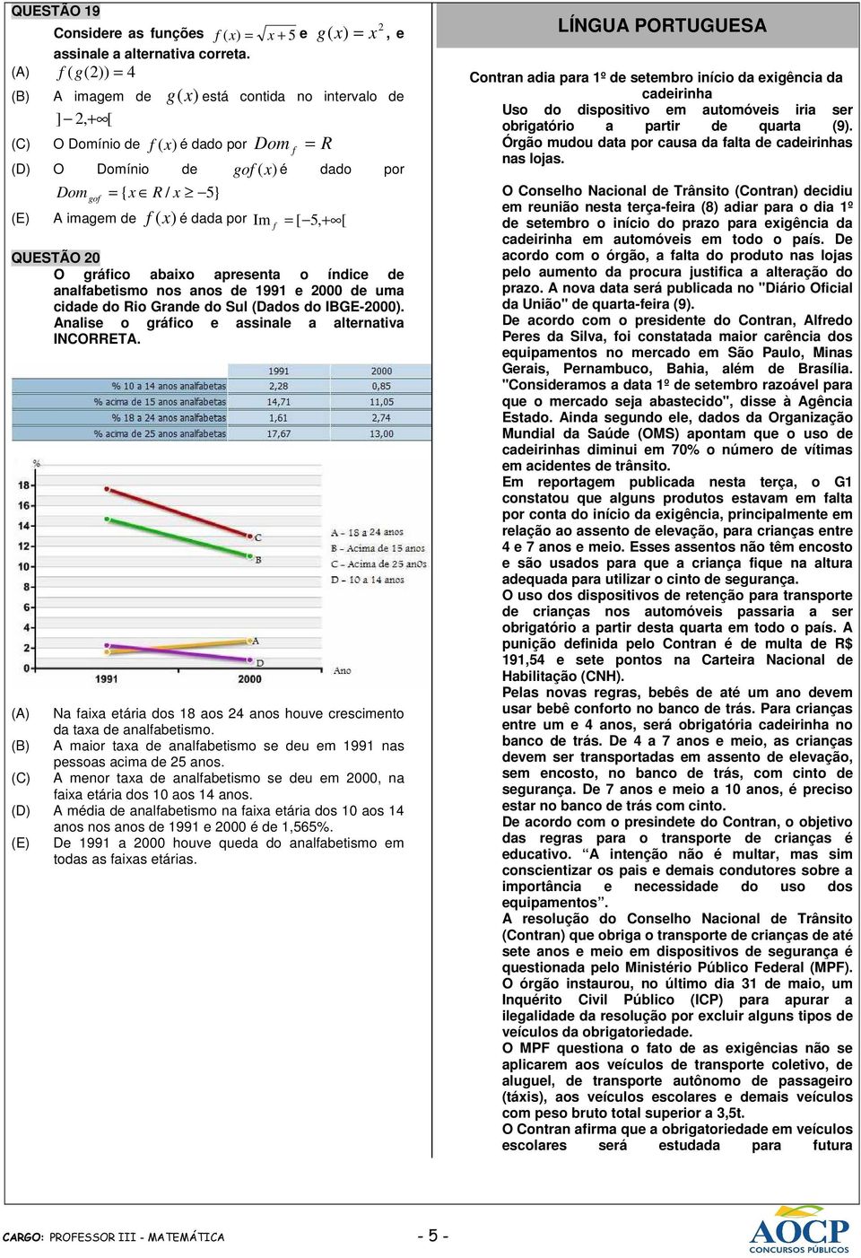 5, + [ QUESTÃO 20 O gráfico abaixo apresenta o índice de analfabetismo nos anos de 1991 e 2000 de uma cidade do Rio Grande do Sul (Dados do IBGE-2000).