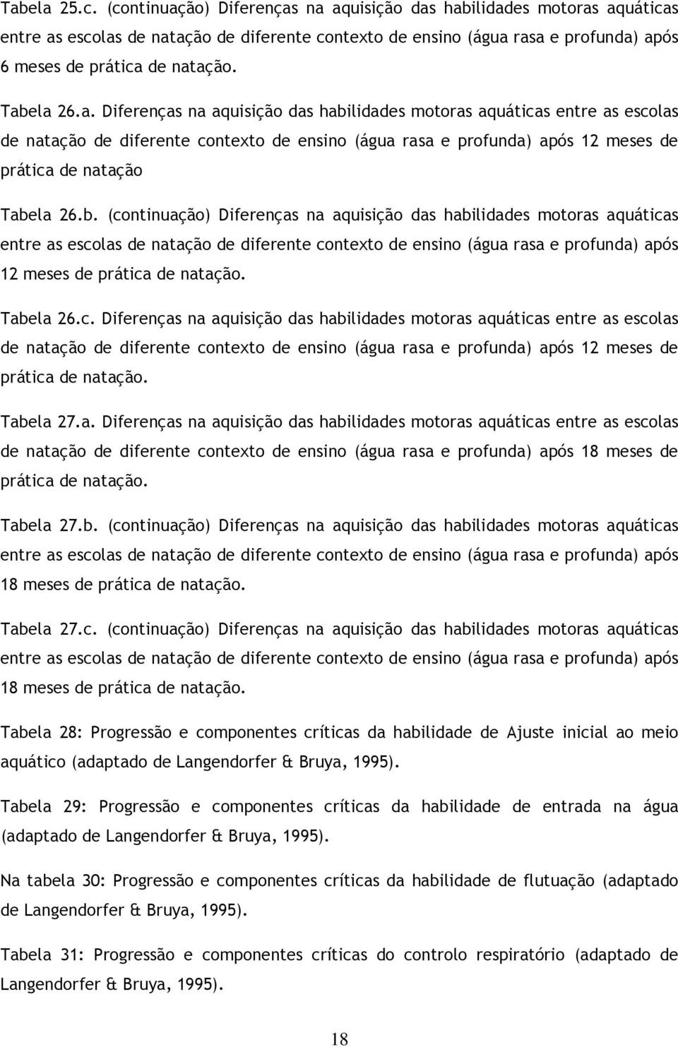 Tabela 26.a. Diferenças na aquisição das habilidades motoras aquáticas entre as escolas de natação de diferente contexto de ensino (água rasa e profunda) após 12 meses de prática de natação Tabela 26.