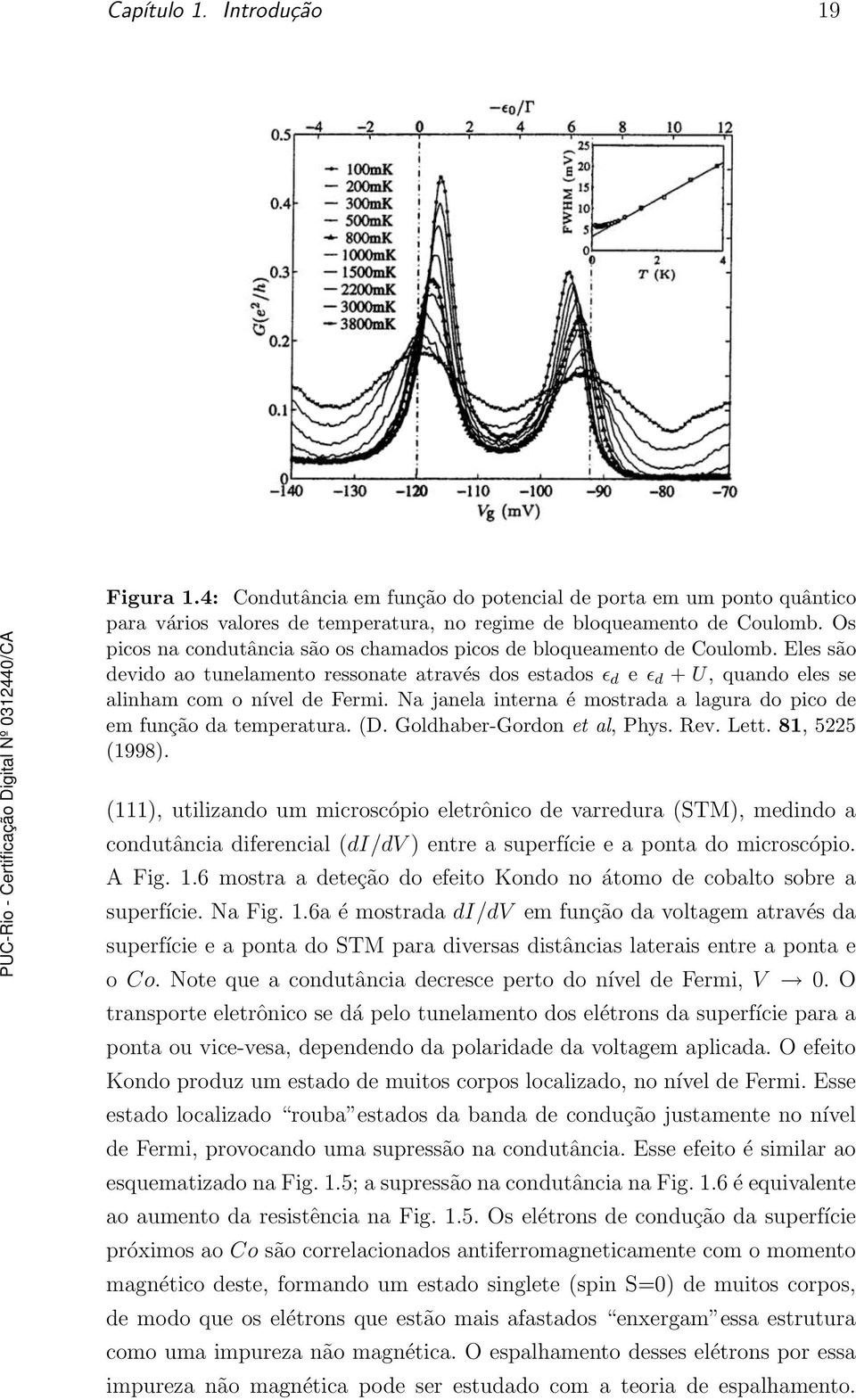 Na janela interna é mostrada a lagura do pico de em função da temperatura. (D. Goldhaber-Gordon et al, Phys. Rev. Lett. 81, 5225 (1998).