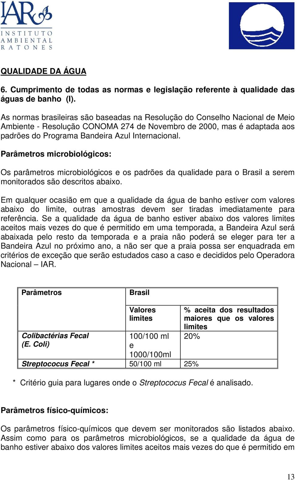 Parâmetros microbiológicos: Os parâmetros microbiológicos e os padrões da qualidade para o Brasil a serem monitorados são descritos abaixo.