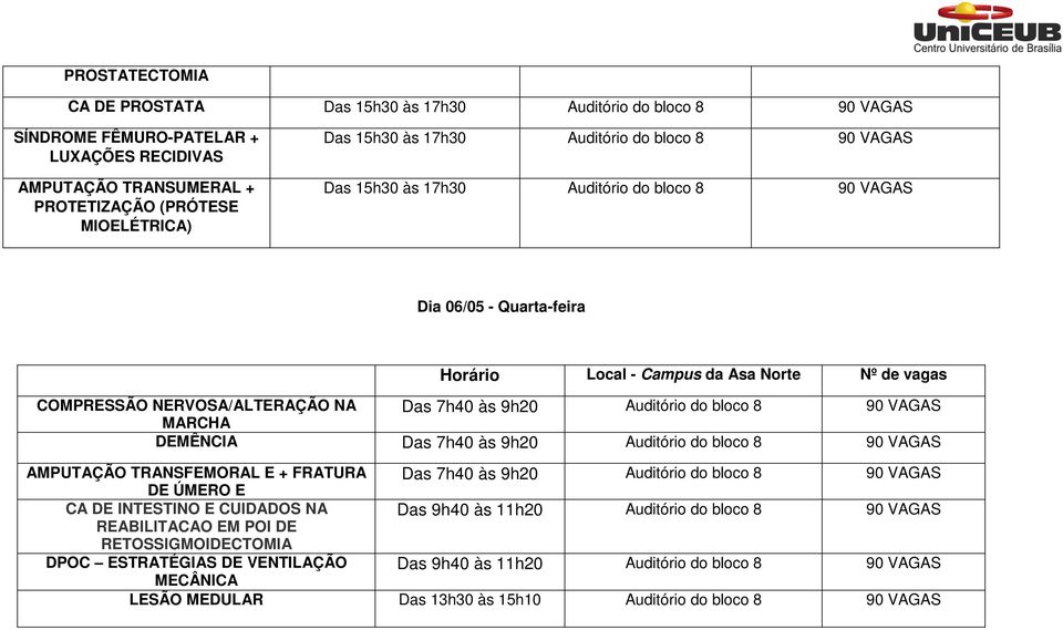 DEMÊNCIA Das 7h40 às 9h20 Auditório do bloco 8 90 VAGAS AMPUTAÇÃO TRANSFEMORAL E + FRATURA Das 7h40 às 9h20 Auditório do bloco 8