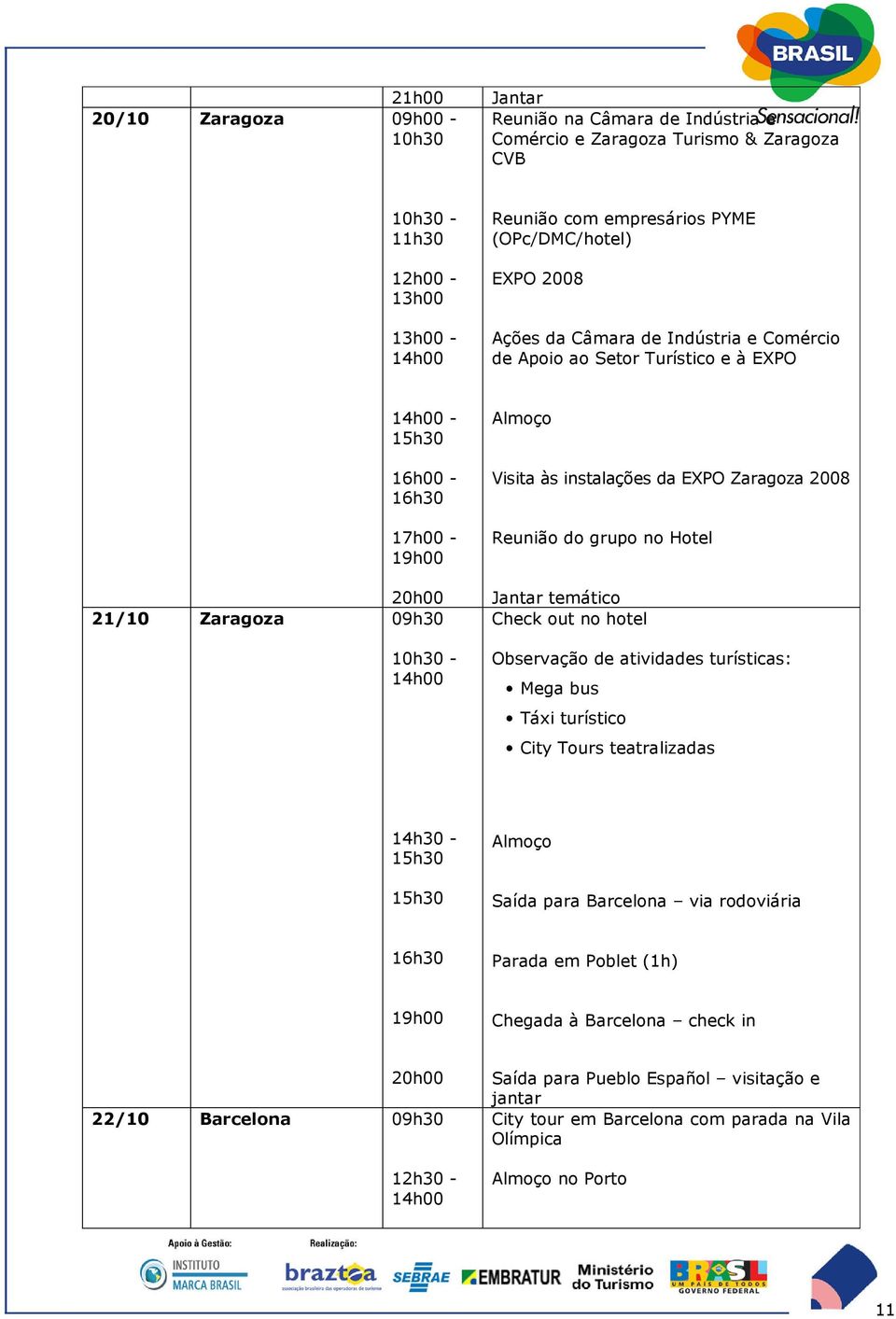 Reuniã d grup n Htel Jantar temátic Check ut n htel Observaçã de atividades turísticas: Mega bus Táxi turístic City Turs teatralizadas 14h30-15h30 15h30 Almç Saída para Barcelna via rdviária