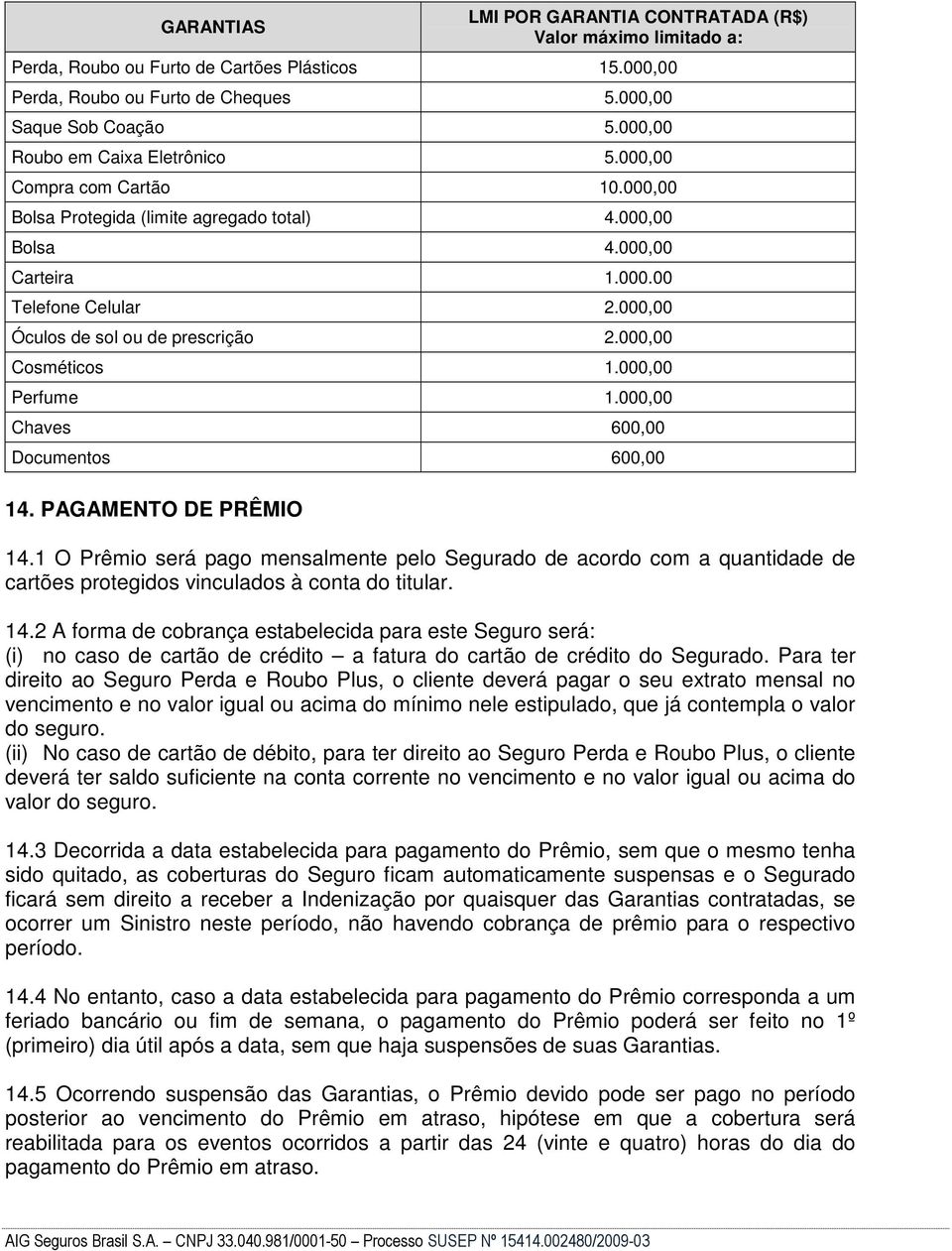 000,00 Óculos de sol ou de prescrição 2.000,00 Cosméticos 1.000,00 Perfume 1.000,00 Chaves 600,00 Documentos 600,00 14. PAGAMENTO DE PRÊMIO 14.