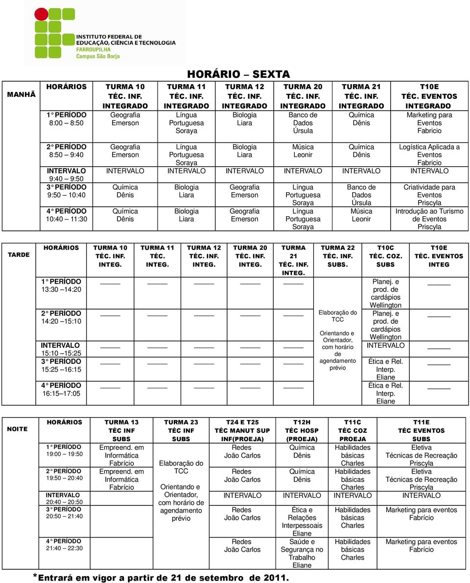 nterp. NOTE HORÁROS TURMA 13 Empreend. em nformática Empreend.