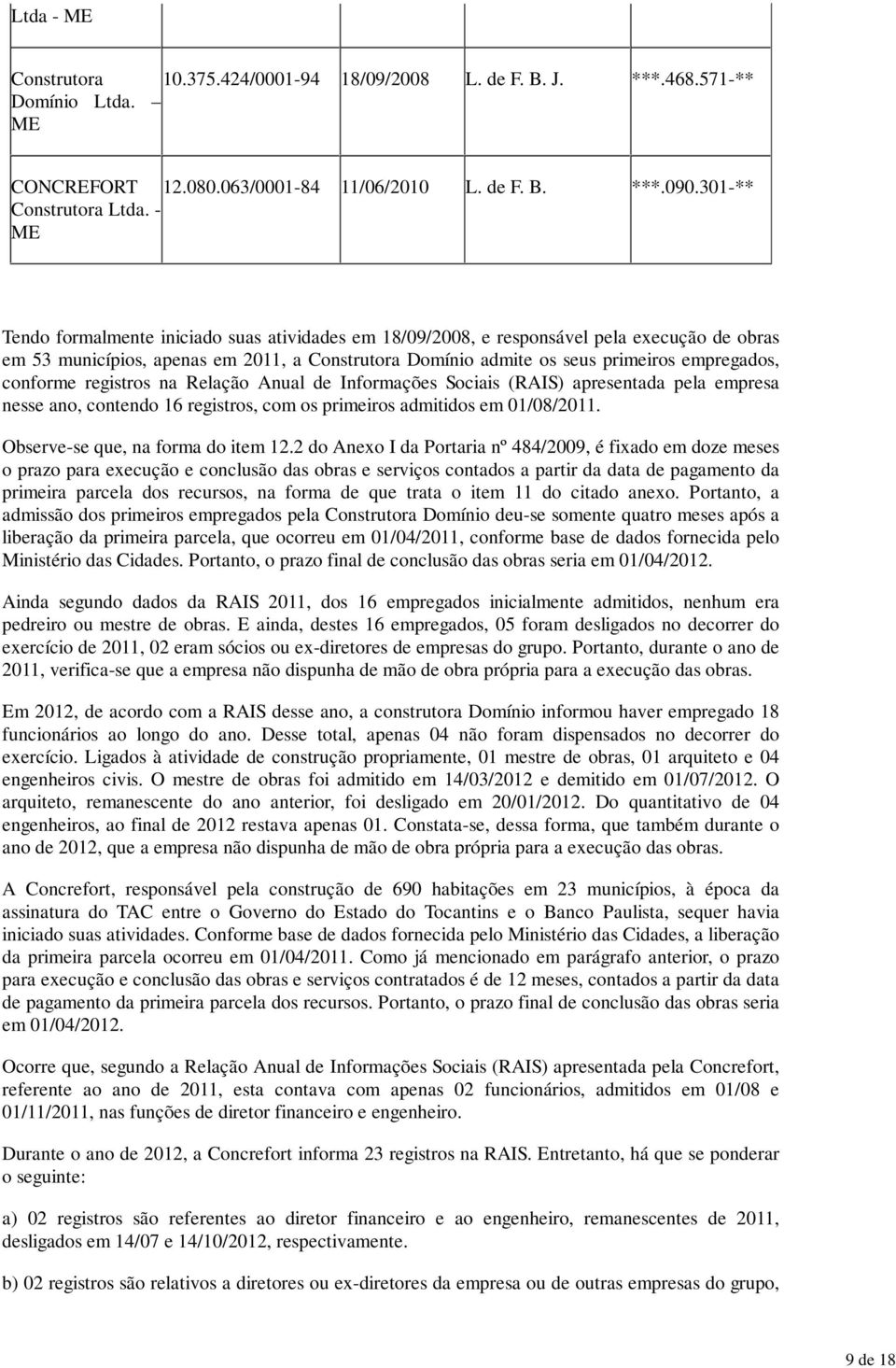 conforme registros na Relação Anual de Informações Sociais (RAIS) apresentada pela empresa nesse ano, contendo 16 registros, com os primeiros admitidos em 01/08/2011.