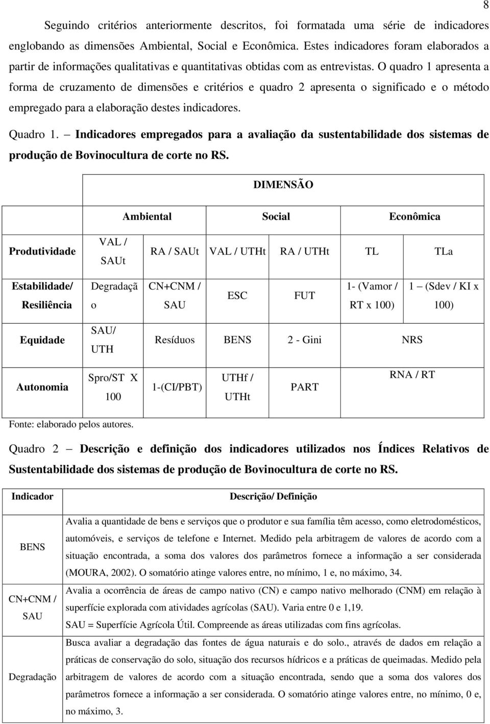 O quadro 1 apresenta a forma de cruzamento de dimensões e critérios e quadro 2 apresenta o significado e o método empregado para a elaboração destes indicadores. Quadro 1.