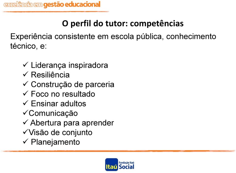 Resiliência Construção de parceria Foco no resultado Ensinar