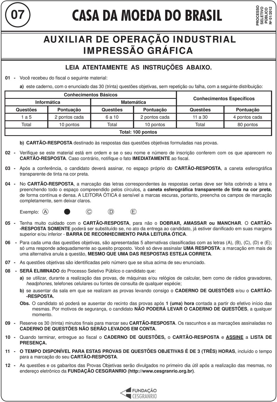 Informática Matemática Conhecimentos Específicos Questões Pontuação Questões Pontuação Questões Pontuação 1 a 5 2 pontos cada 6 a 10 2 pontos cada 11 a 30 4 pontos cada Total 10 pontos Total 10