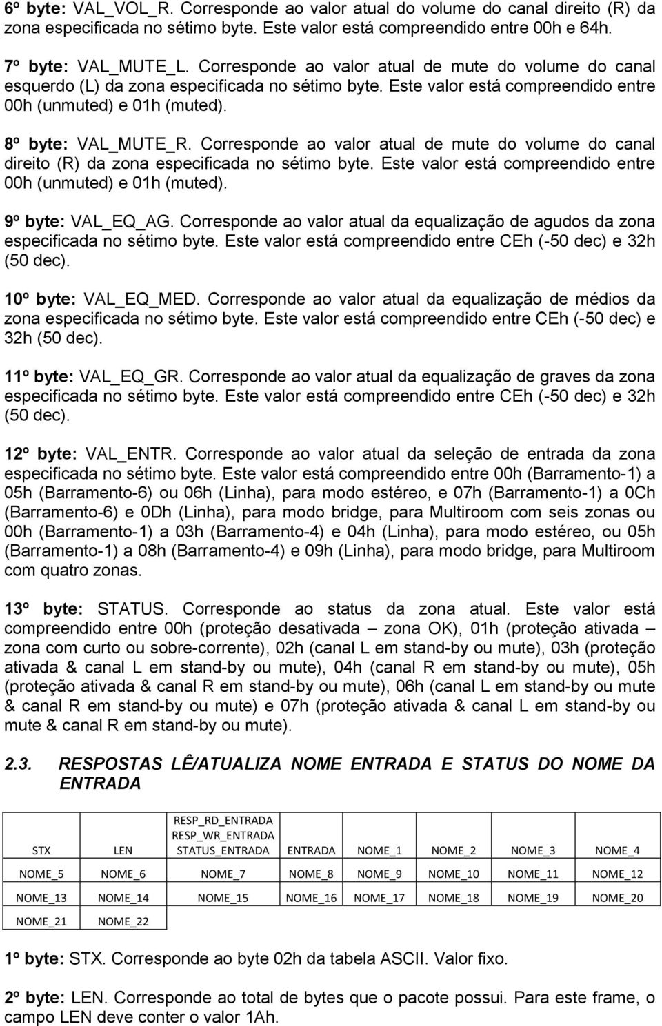 Corresponde ao valor atual de mute do volume do canal direito (R) da zona especificada no sétimo byte. Este valor está compreendido entre 00h (unmuted) e 01h (muted). 9º byte: VAL_EQ_AG.