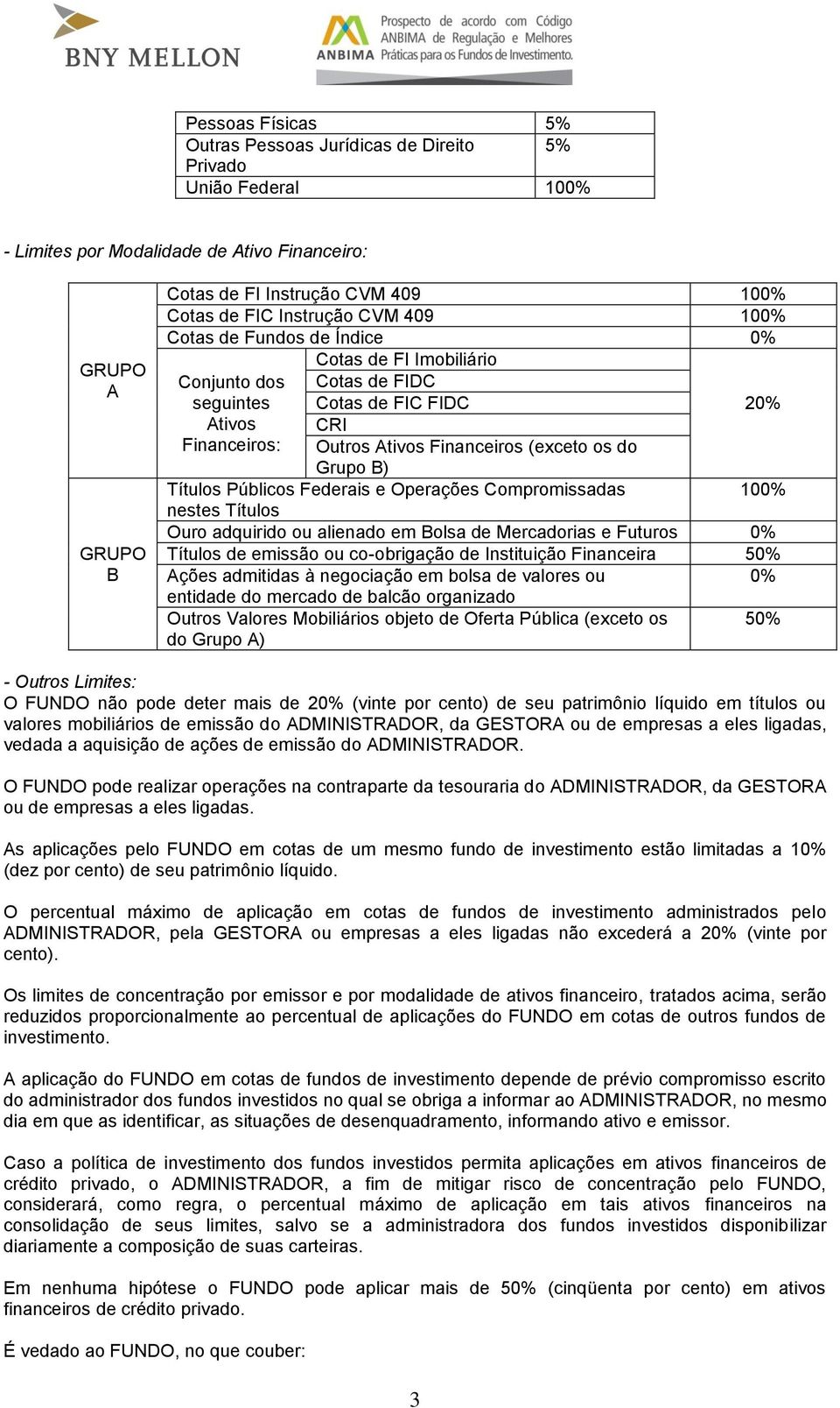 Grupo B) 20% Títulos Públicos Federais e Operações Compromissadas 100% nestes Títulos Ouro adquirido ou alienado em Bolsa de Mercadorias e Futuros 0% Títulos de emissão ou co-obrigação de Instituição