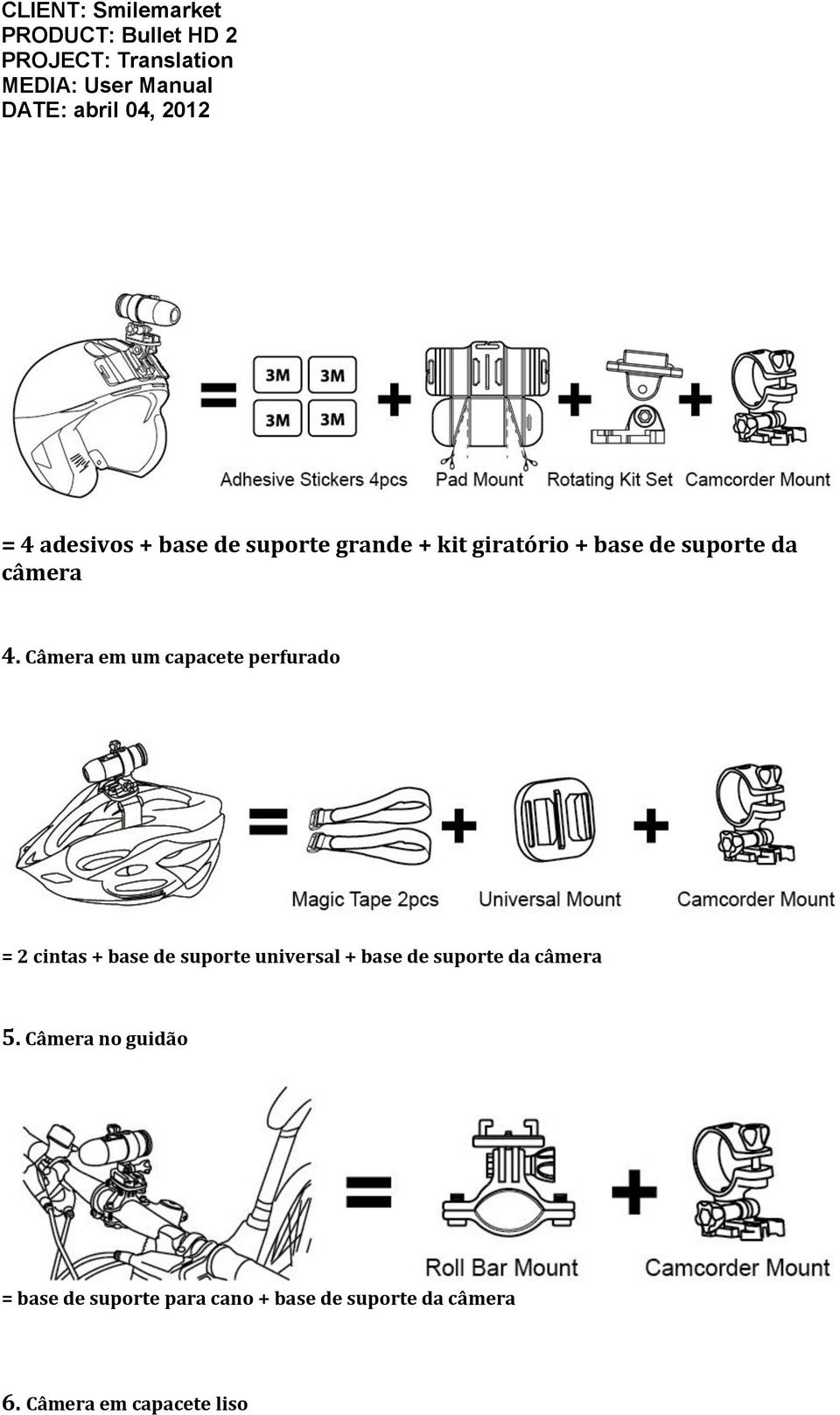 Câmera em um capacete perfurado = 2 cintas + base de suporte universal