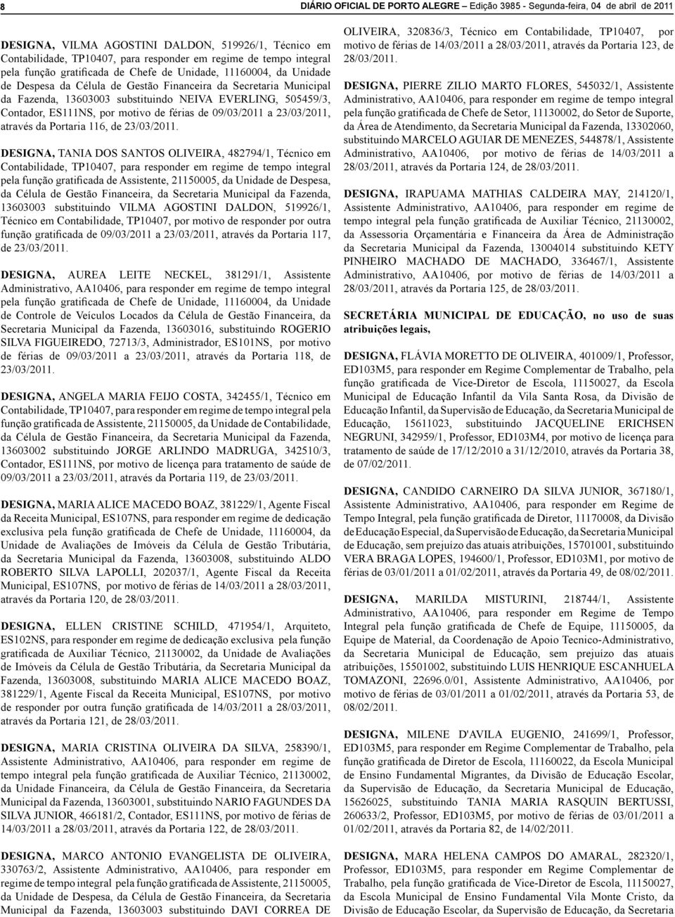 505459/3, Contador, ES111NS, por motivo de férias de 09/03/2011 a 23/03/2011, através da Portaria 116, de 23/03/2011.