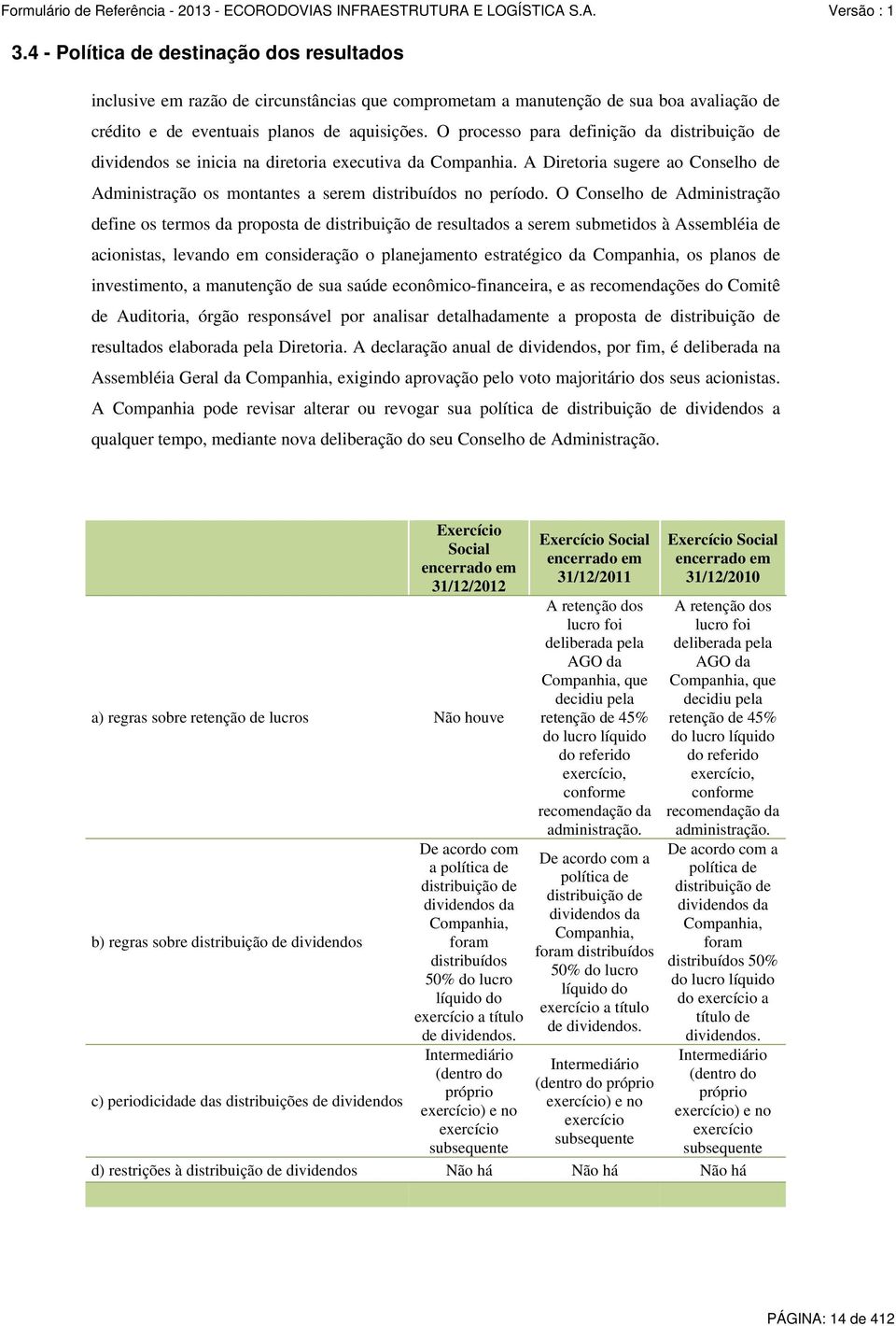 O Conselho de Administração define os termos da proposta de distribuição de resultados a serem submetidos à Assembléia de acionistas, levando em consideração o planejamento estratégico da Companhia,